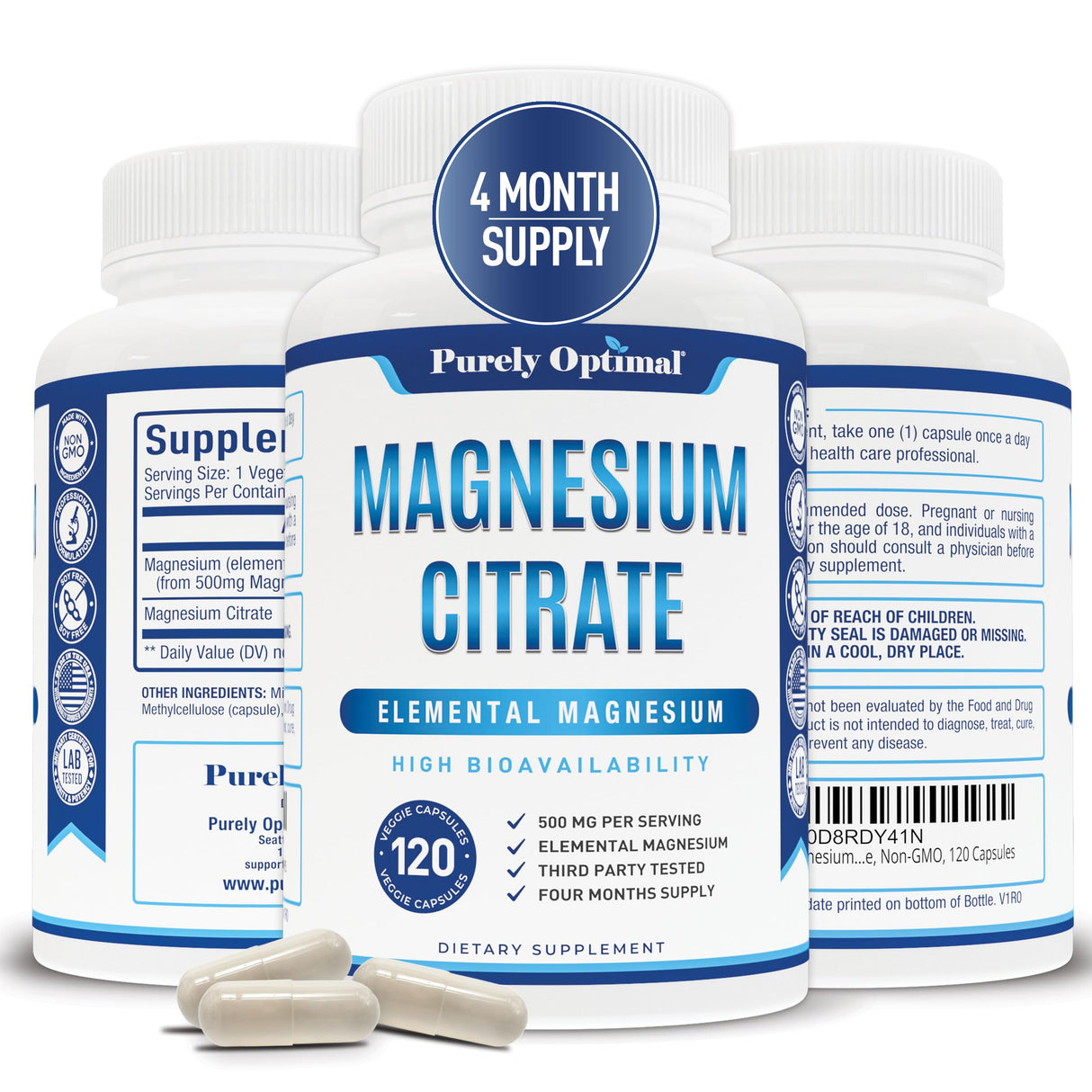 Purely Optimal Magnesium Citrate 500mg – Digestive Health, Gentle Constipation Relief, Sleep Support – High Absorption, Calm & Relaxation Formula – 120 Easy-to-Swallow Capsules