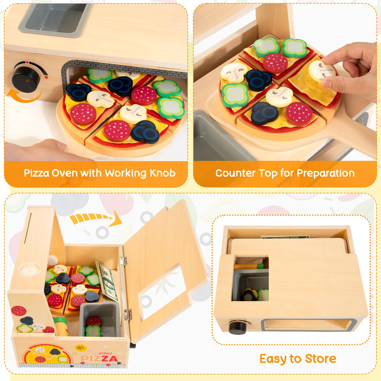 WOODMAM Wooden Pizza Toy - 48 PCS Montessori Pretend Play Food for Ages 3+, Educational Learning Toy Wooden Playset with Bake Oven, Christmas Birthday Gift for 3 4 5 6 Year Old