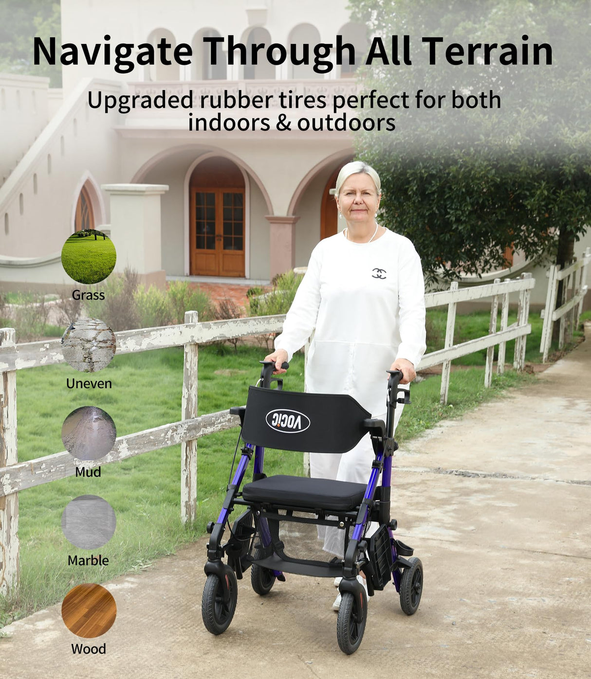 VOCIC Transport-Wheelchair-Lightweight-Foldable, Walker Wheelchair Combo, Rollator-Walkers-for-Seniors-with-Seat, 2 in 1 Rolling Walker, 300lb Adults 4 Wheel Transport Chair w/Brakes & Pouch-FSA HSA