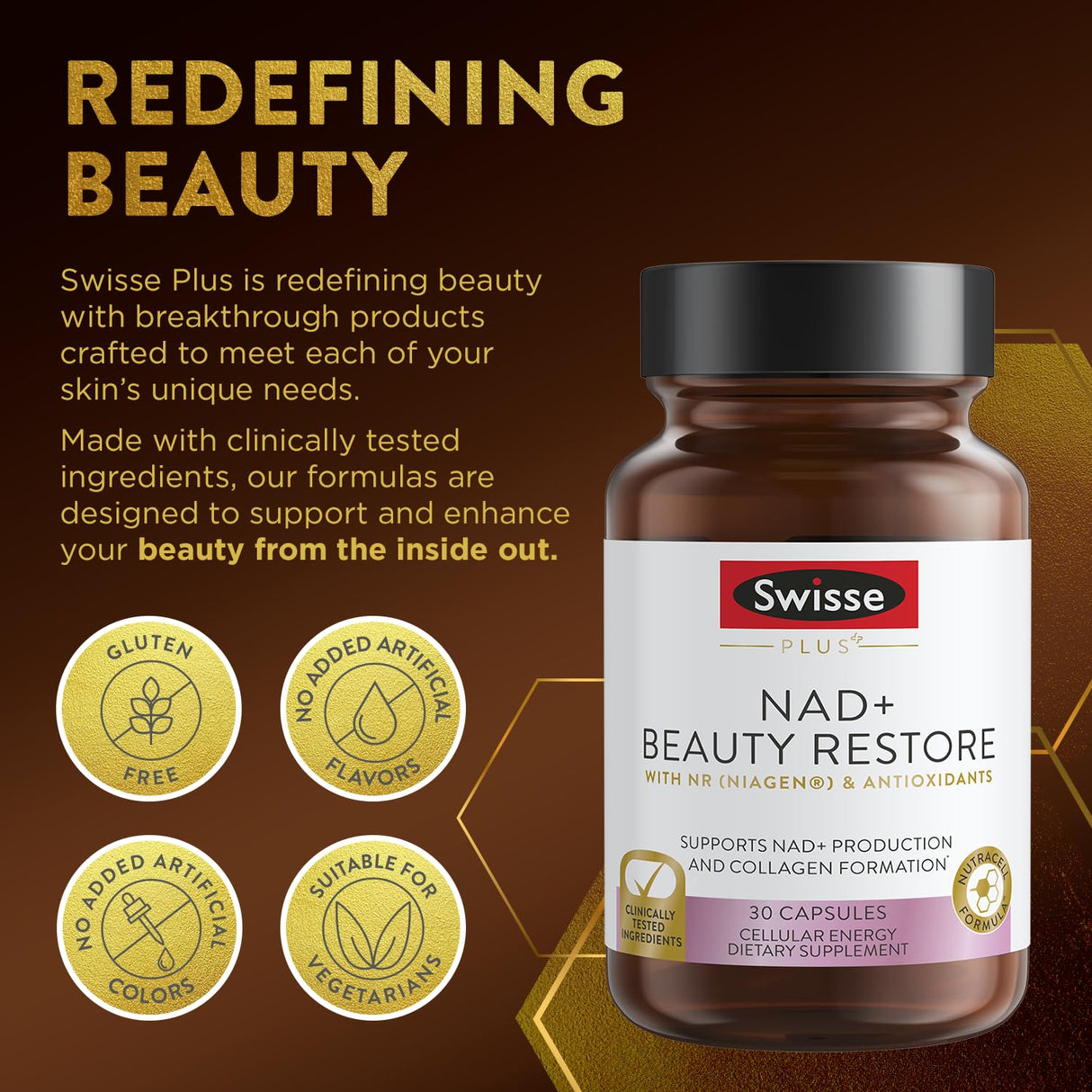 Swisse Plus NAD+ Beauty Restore | Clinically Tested Ingredients | NAD+ Supplement for Men & Women | Supports Collagen Formation, Skin Elasticity & Anti-Aging Supplement | 30 Capsules