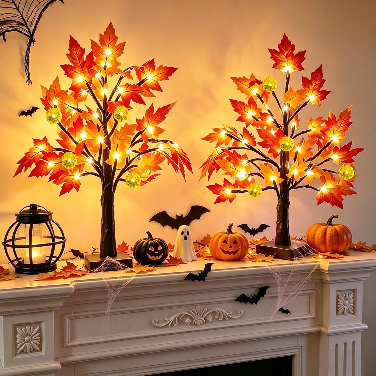 TURNMEON Fall Decor 2 Pack 18 Inch Prelit Fall Maple Tree 48 LEDs Timer