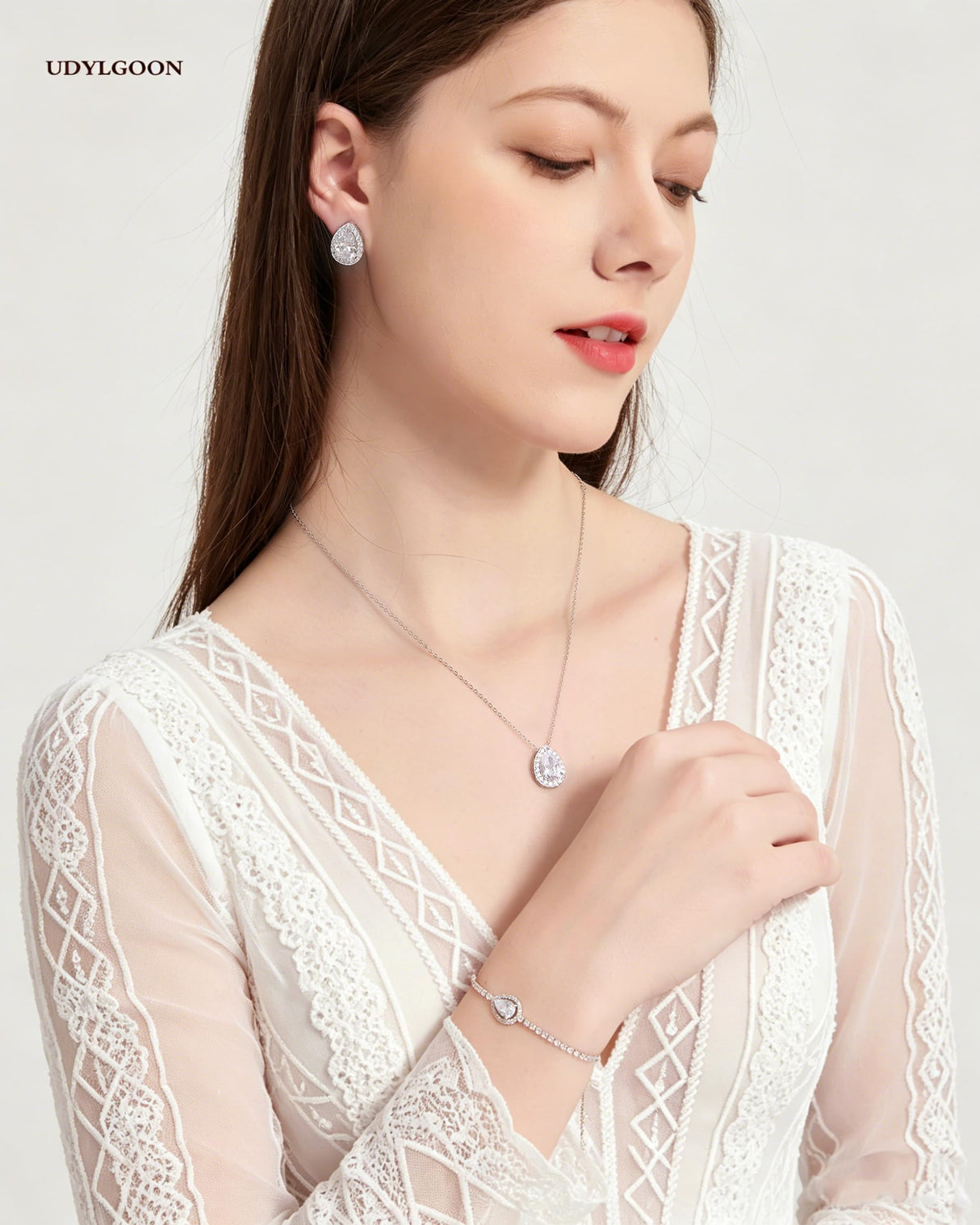 UDYLGOON Teardrop Cubic Zirconia Jewelry Set Necklace Earrings Bracelet Bridal Wedding Jewelry for Women Bridesmaid Prom Party (3 Set - White Gold Plated)