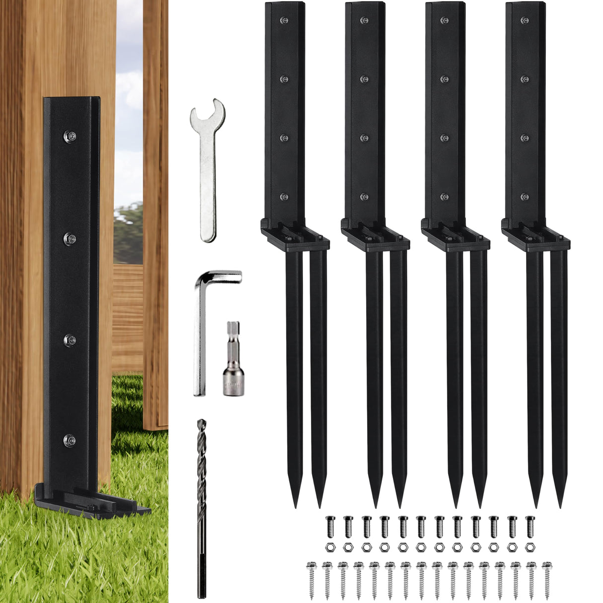 TANIVO 4 Pack Fence Post Anchor Repair Kit – Heavy Duty Steel Ground Stakes with Adjustable Width and Reinforced Base for Fixing Tilted or Broken Wooden Fence Posts