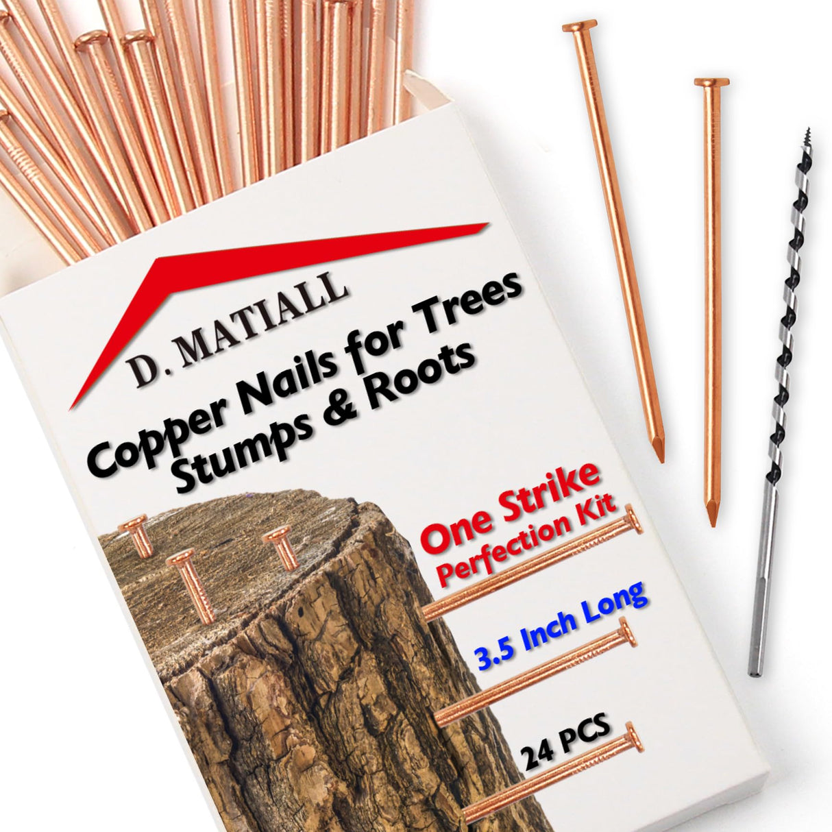 24pcs Pure Copper Nails for Killing Trees – One Strike Perfection Kit – 3.5 Inch Long Spikes with Wood Auger Bit – Effective Removal for Stumps, Roots & Landscaping – Eco-Friendly & Easy to Use