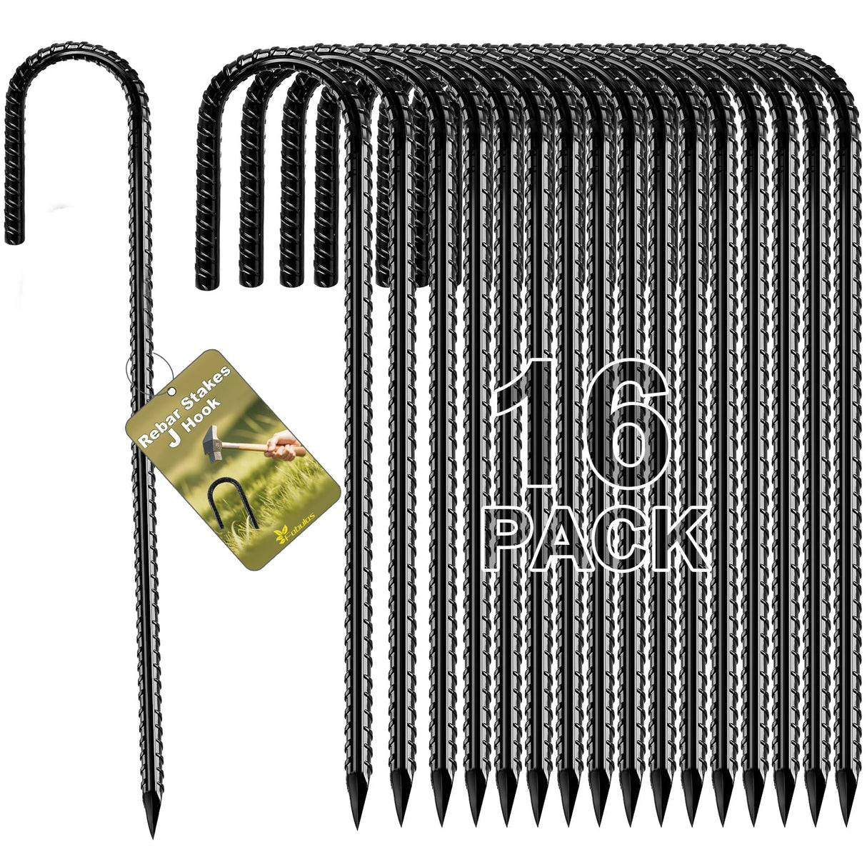 Fabulas Rebar Stakes 12 Inch, Rebar Stakes Heavy Duty 16 Pack Ground Anchors J Hook with Chisel Point End Galvanized Steel Anchors for Fence Landscape Trampoline Chain Link Garden Camping Tent Plants