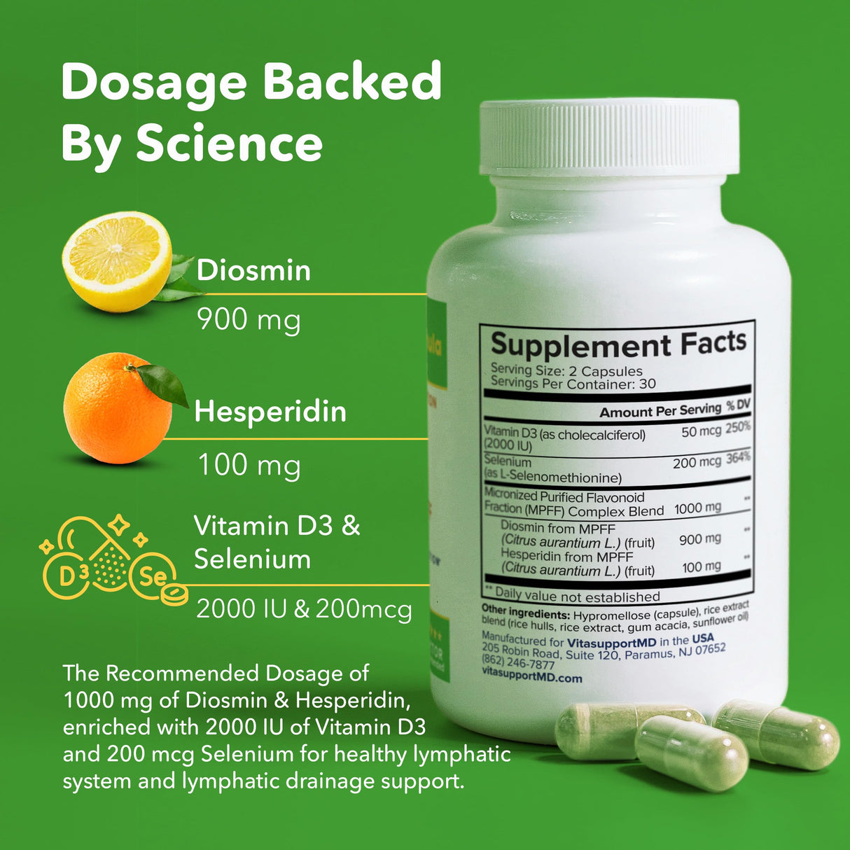 VITASUPPORTMD Lymphatic Formula, Diosmin Hesperidin 1000 mg, MPFF Lymphatic Support, Lymph System Support, Vitamin D3 and Selenium Supplement, 60 Capsules