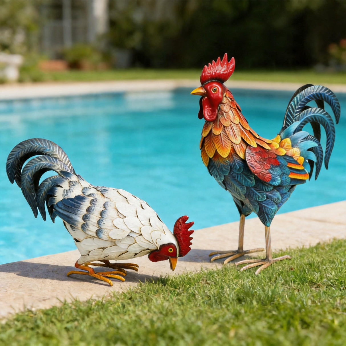 Shorayn Metal Rooster Statues, Outdoor Garden Metal Chicken Decor, Garden Sculptures Chicken Ornaments Yard Art for Backyard Patio Lawn Decorations, Set of 2