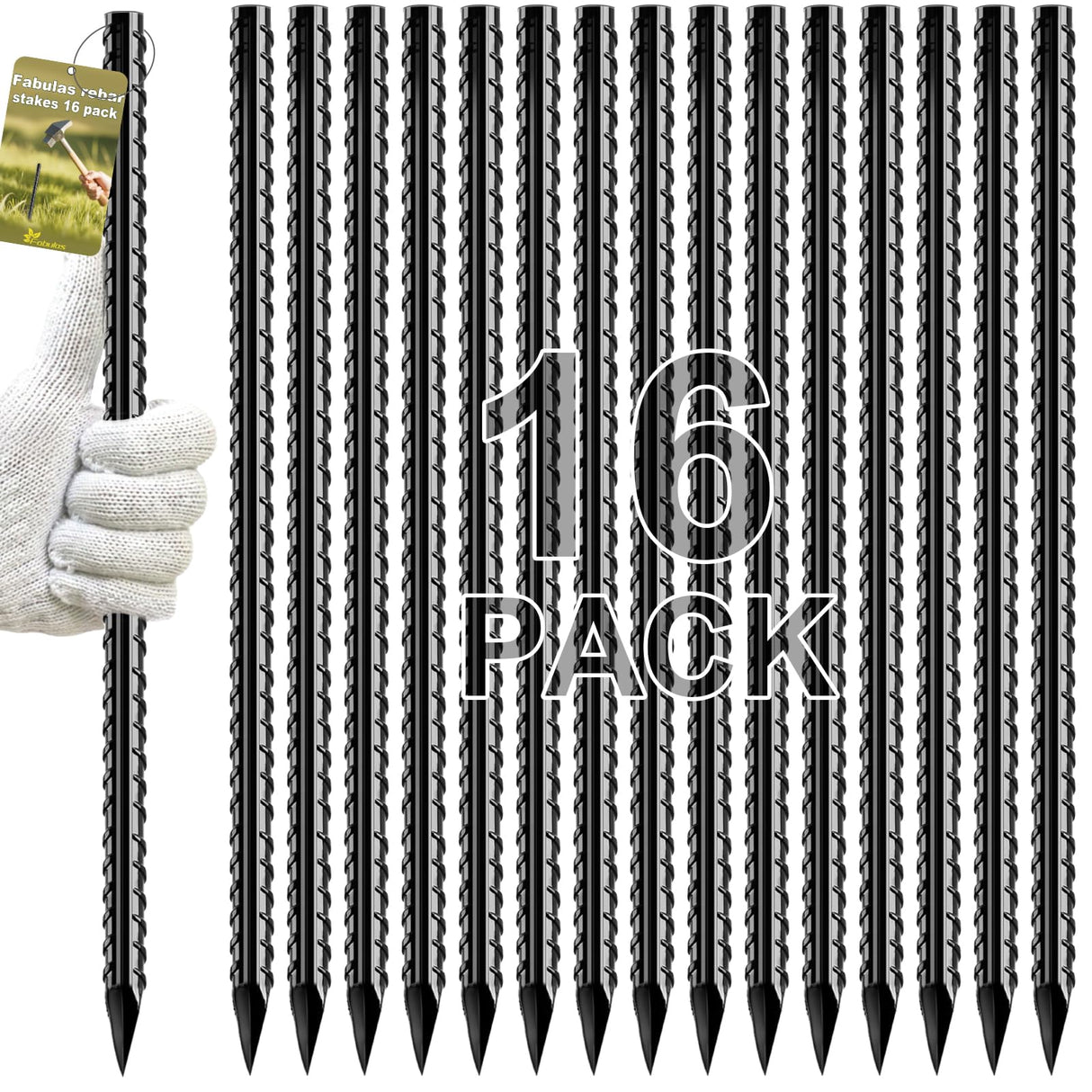 Fabulas Rebar Stakes, 16 inch 16 Pack Ground Stakes Heavy Duty with Chisel Point End, 3/8" Diameter Straight Steel Metal Anchor for Garden Driveway Markers Concrete Form Landscape Camping Plant Black