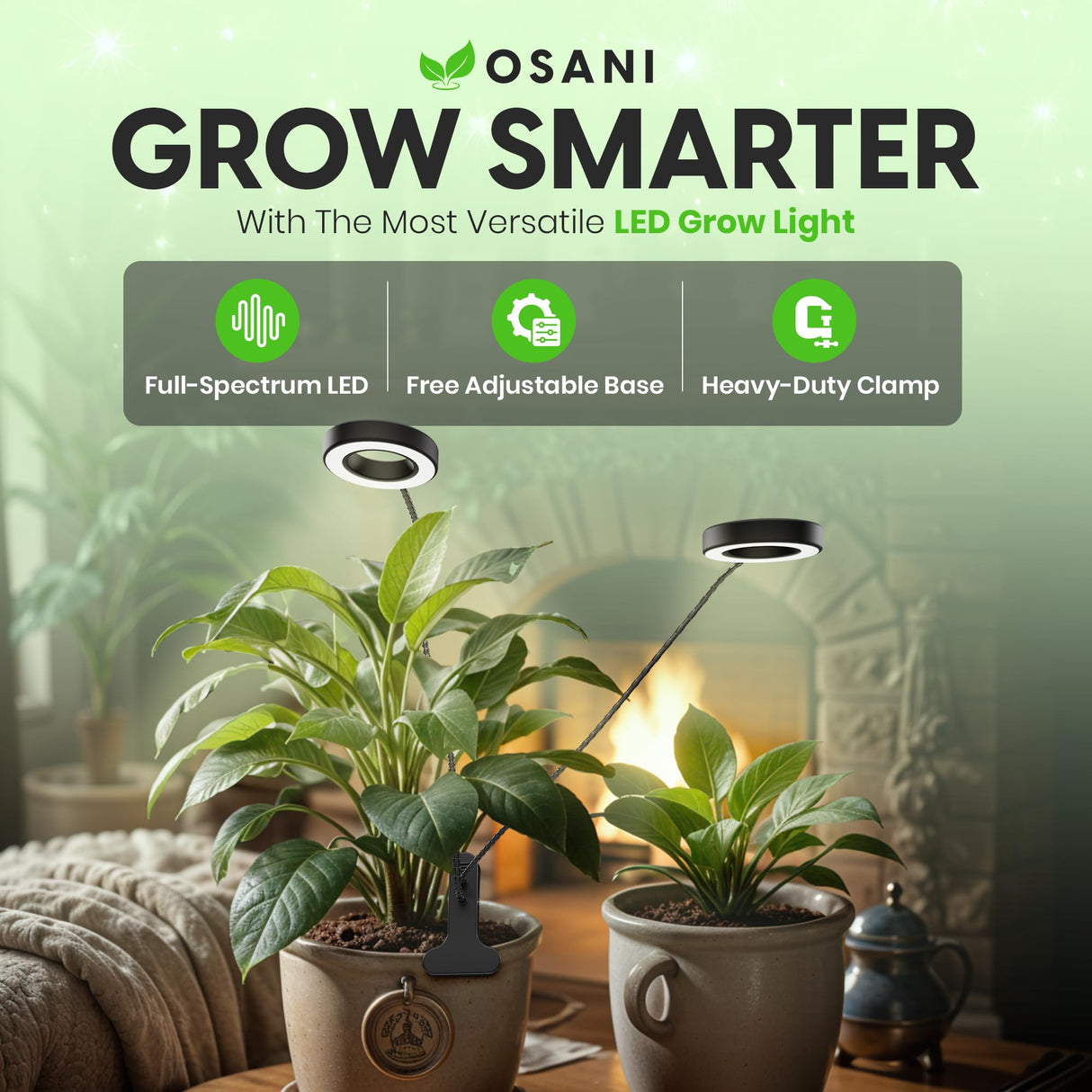 OSANI LED Grow Light 24" Gooseneck Long Arm Grow Lights for Indoor Plants, 48" Wide Coverage, 6000K Full Spectrum with Red Blue LEDs, 10-Level Dimmable, Auto Timer, USB & Adapter, Plant Light Indoor