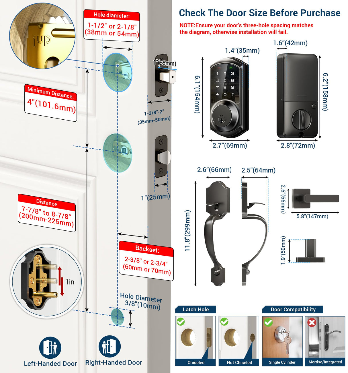 Veise VE06-H Smart Front Door Lock Set, App Control, Keyless Entry Deadbolt with Lever Handle, Electronic Digital Touchscreen Keypad, Auto Lock, Easy Install, Matte Black