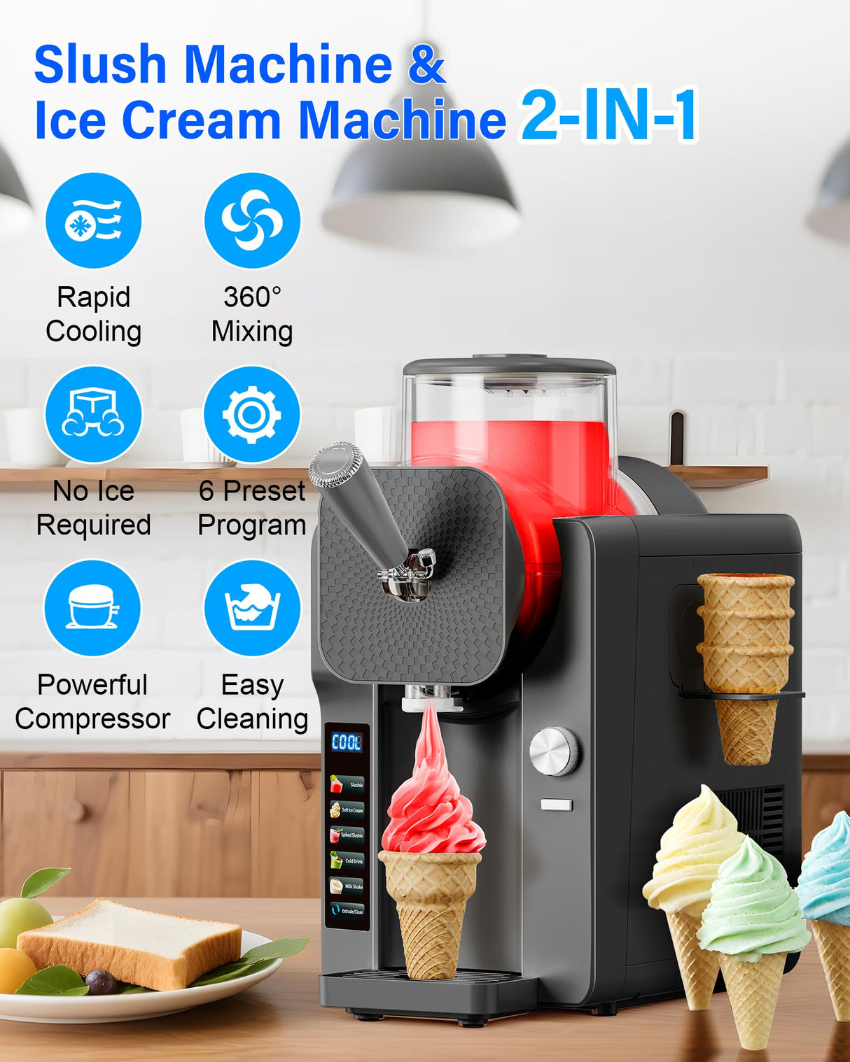 2-IN-1 Slush Machine & Ice Cream Maker Machine, 6 Modes for Smoothies, Milkshakes, Cocktails, Margarita, and Ice Cream, Double-Layer Tank, With Ice Cream Cone Holder, Self-Cleaning, For Home Use, Grey
