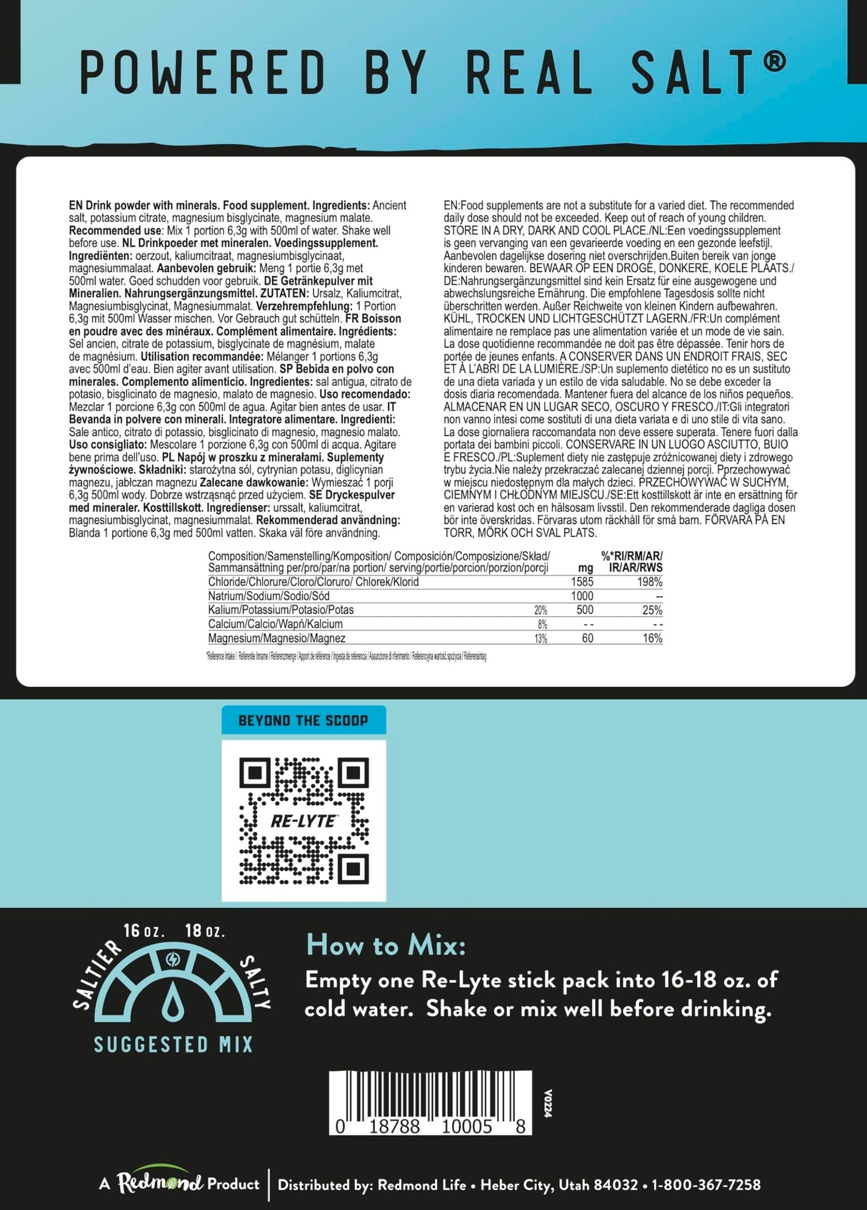 REDMOND Re-Lyte Hydration Electrolyte Powder Mix (Unflavored), 30 Stick Packs