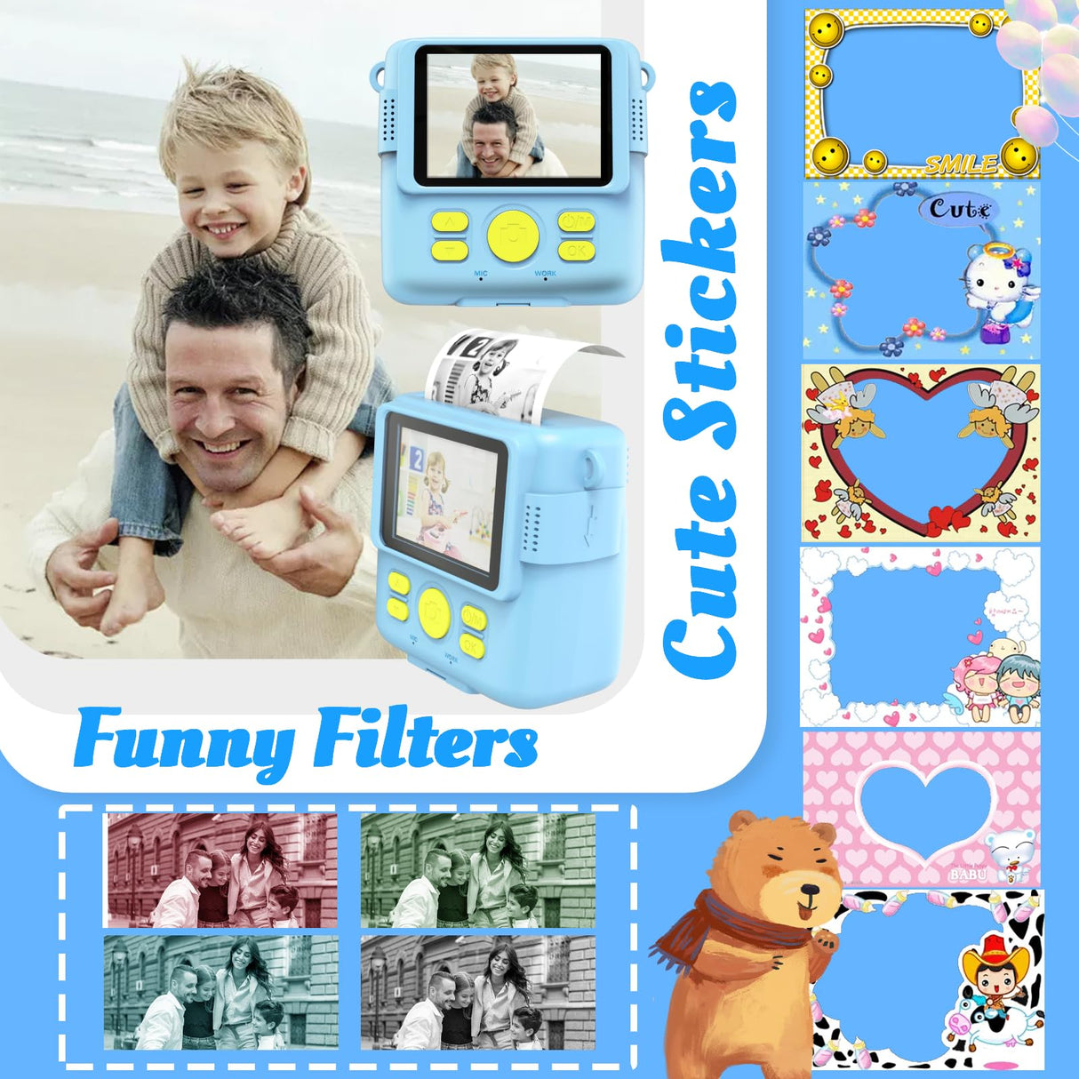 Instant Print Camera for Kids with 3 Rolls of Printer Paper, 1080P Toddler Digital Camera Toys for Age 3-12 with 32GB SD Card, Christmas & Birthday Gifts for 3 4 5 6 7 8 Year Old Girls & Boys (Blue)