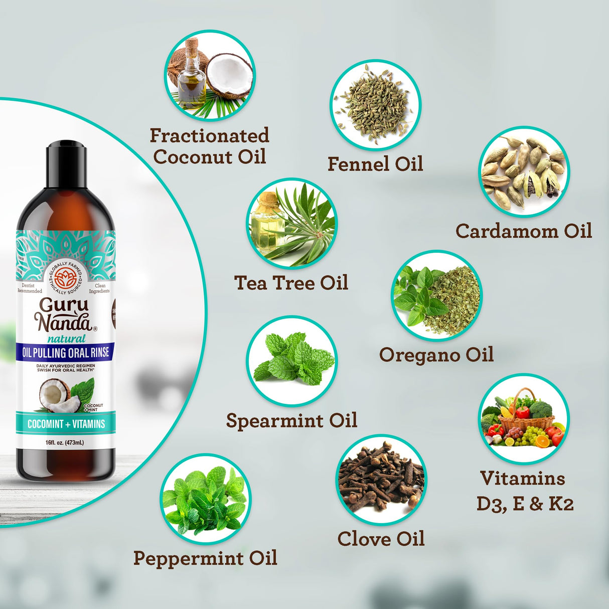 GuruNanda CocoMint Oil Pulling Mouthwash for Complete Oral Hygiene, 7 Essential Oils & Vitamins for Happy Teeth & Gums & Fresh Breath, Alcohol-Free, 16 oz