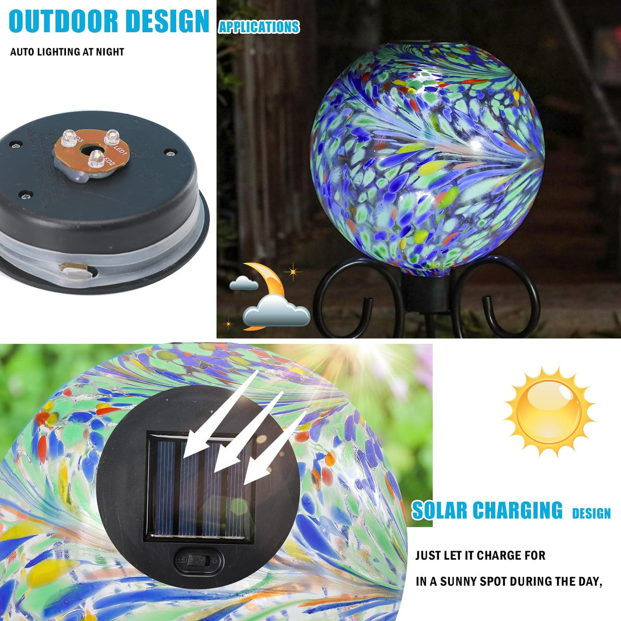 VCUTEKA Solar Gazing Ball, 10" Glass Gazing Balls Sphere with Solar Light for Garden Decor Lawn Outdoor Yard Decorative