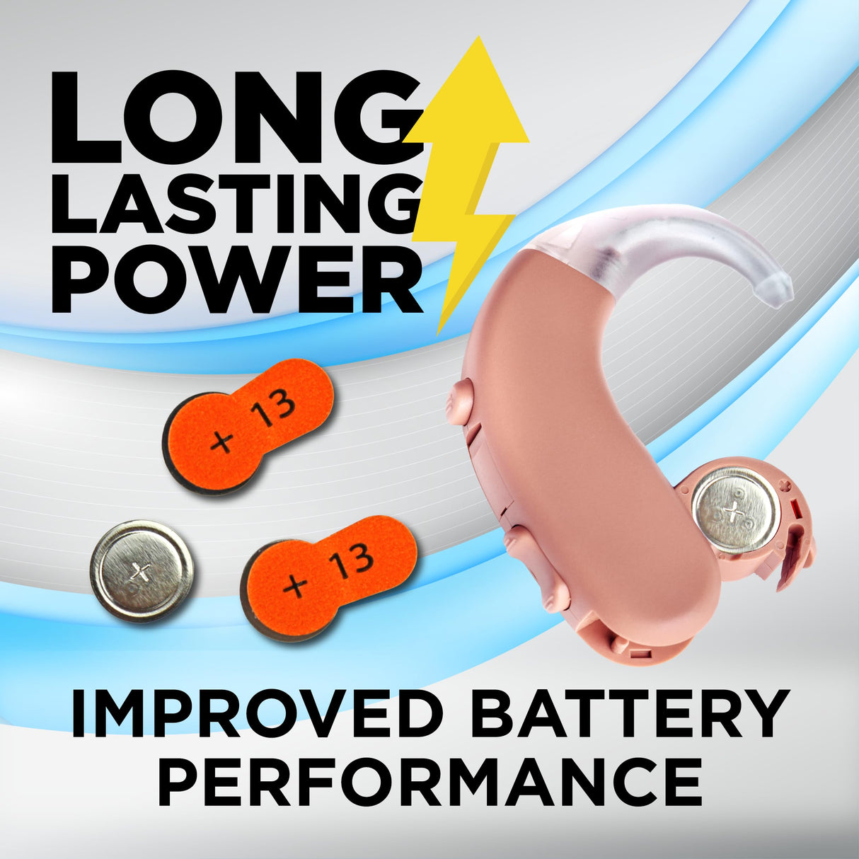 Powermax Size 13 Hearing Aid Batteries, 60 Count Long-Lasting Battery Pack, Orange Long Tab for Easy Change