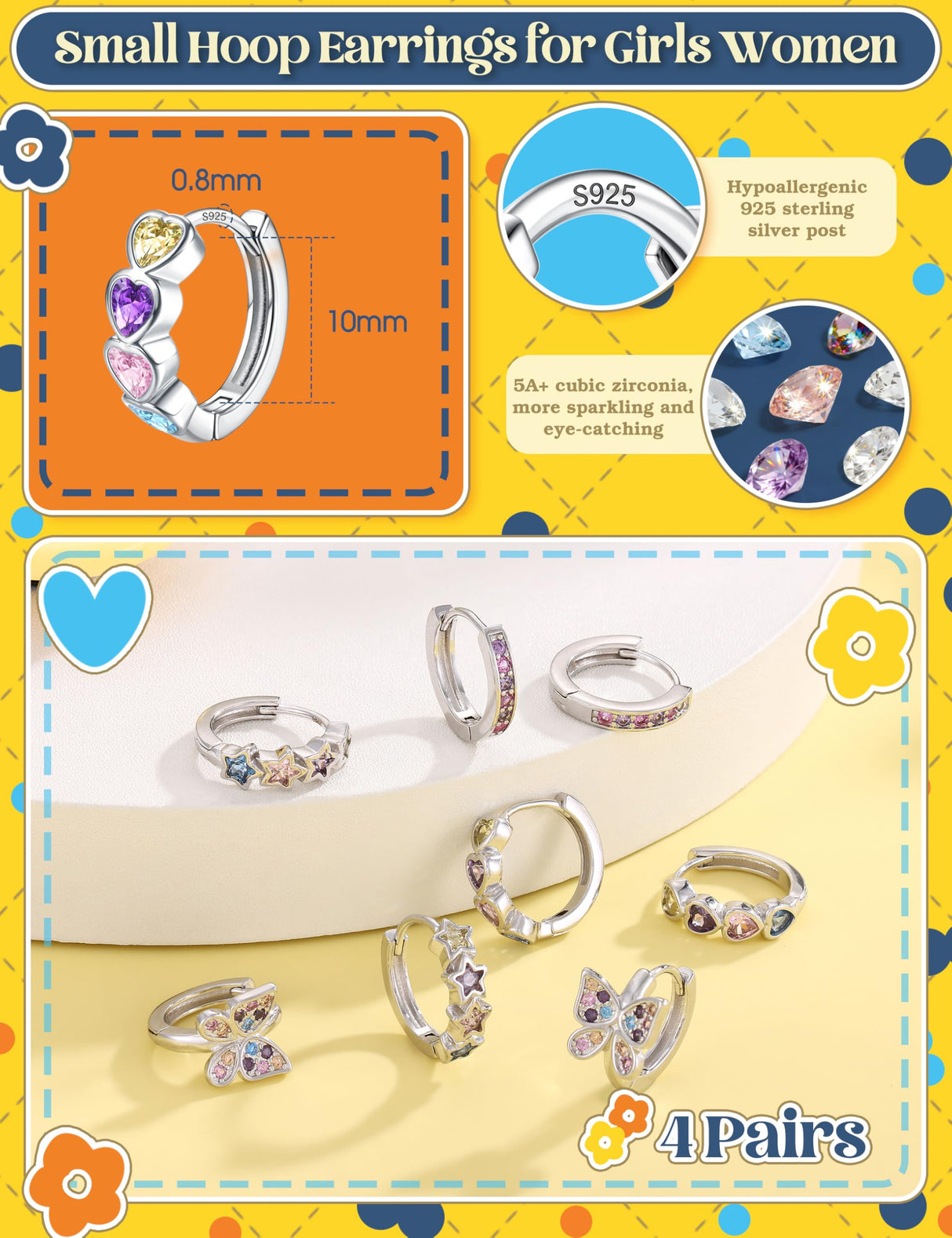 925 Sterling Silver Post Small Hoop Earrings For Girls - Hypoallergenic Huggie Earrings for Women Cute Heart Flowers Butterfly Star Cubic Zirconia Cartilage Earrings For Sensitive Ears Colorful 4Pairs