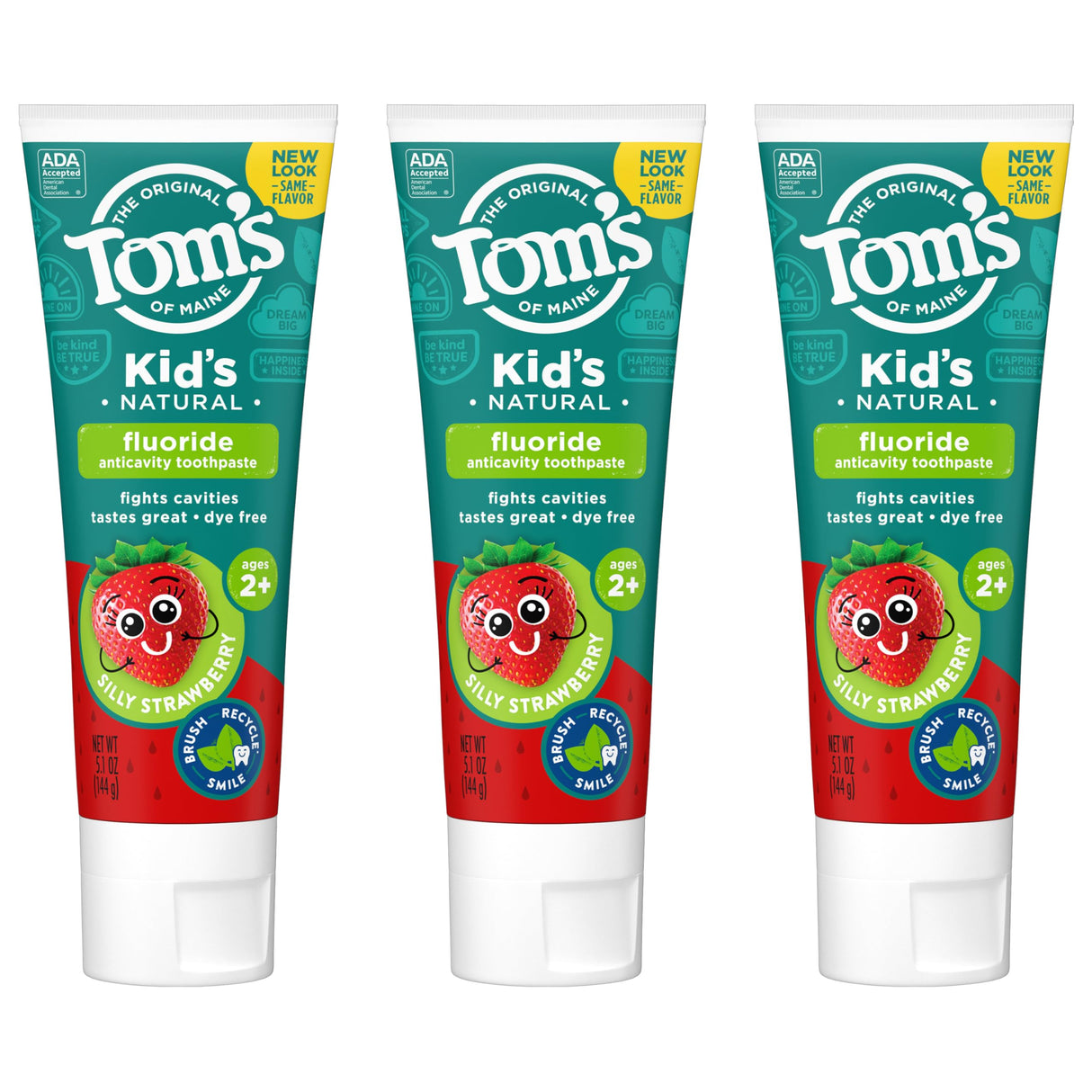 Tom's of Maine ADA Approved Fluoride Kids Toothpaste, Natural Toothpaste, Dye Free, No Artificial Preservatives, Silly Strawberry, 5.1 oz. 3-Pack (Packaging May Vary)
