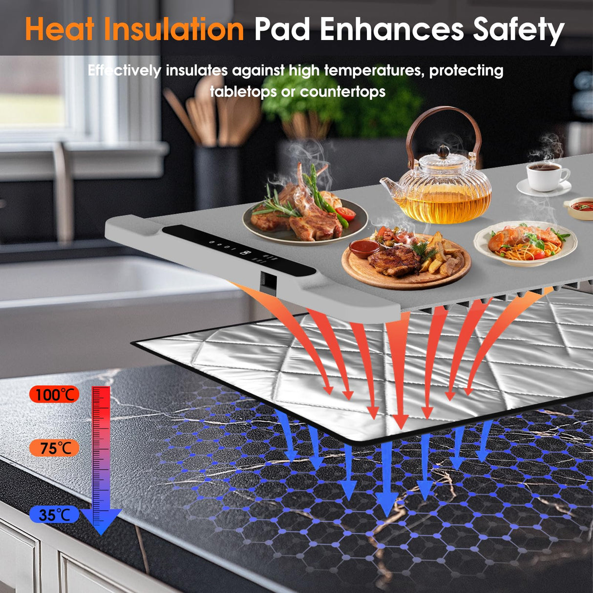 Warming Mat for Food with Heat Resistant Pad, 36"x16" Food Warmer Mat for Countertop Food Warmer Custom Temperature Settings 10H Timer Portable Heating Pad for Parties Buffets Holiday Home Use (Gray)