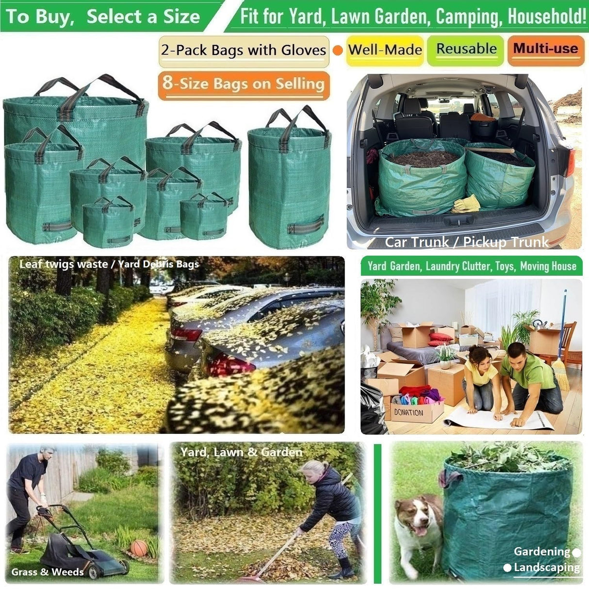 Standard 2-Pack 46 Gallon Lawn Garden Bags (D26,H19 in) Yard Waste Bags W/Gardening Gloves for Leaf Bag,Yard Debris,Trash Container,Recycling Bin,Camping Waste Bin,Grass Clippings,Weeds Bag 4 Handles