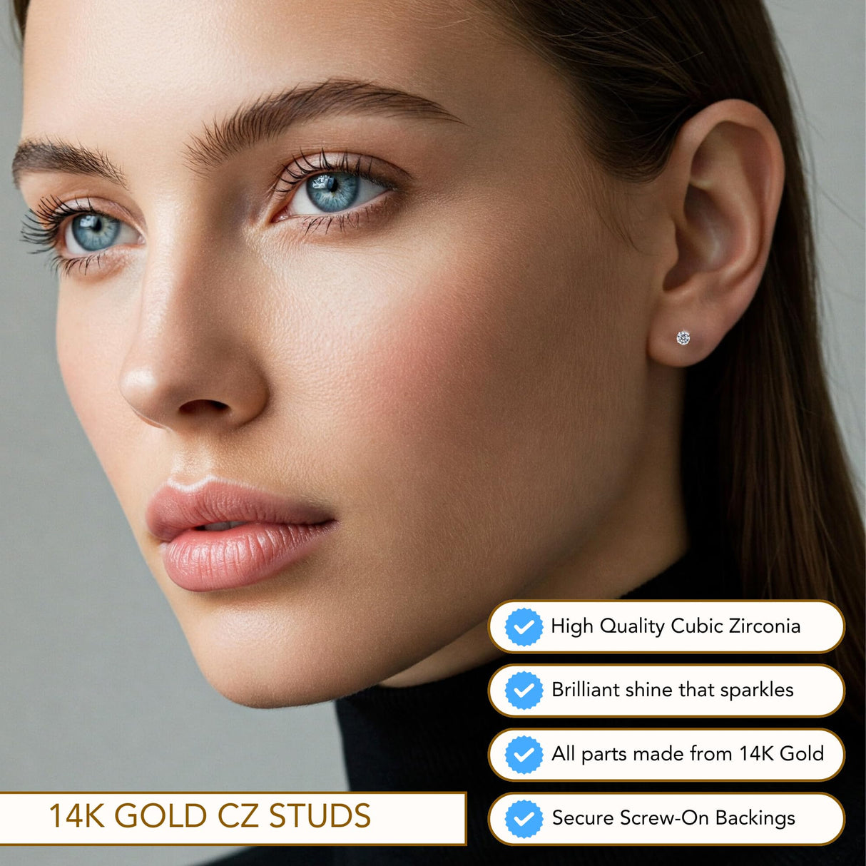 14k White Gold Solitaire Round Cubic Zirconia Stud Earrings Screw-back 3mm