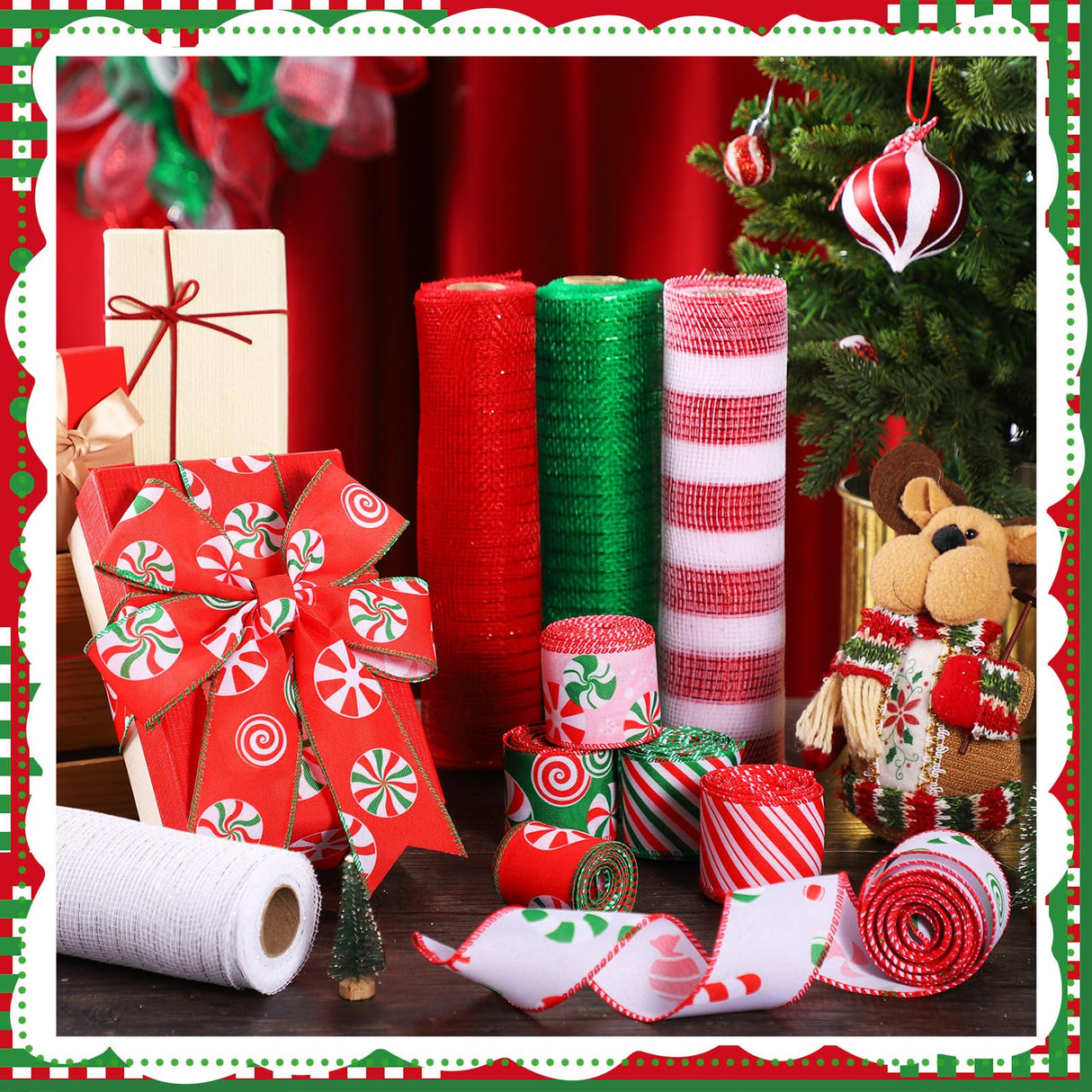 Yuefunny 10 Pcs Christmas Ribbon Including 4 Rolls Mesh Ribbon 6 Rolls Xmas Candy Peppermint Wired Edge Wreath Metallic Wrapping Crafts for Xmas Party Home Decorative DIY Craft