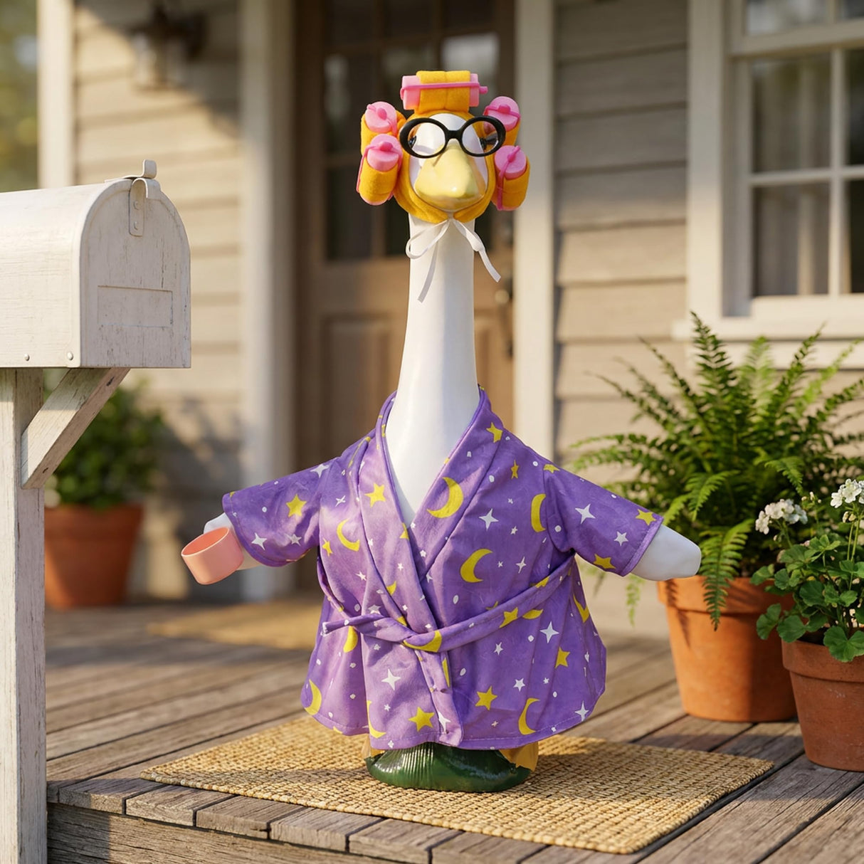 DECOHS 4 Pcs Bathrobe Porch Goose Outfit, Lawn Goose Statue Costume with Star and Moon Print, Yard Goose Bathrobe Curlers Glasses Cup Outfit for 23" Statue Patio Garden Decoration (Purple)