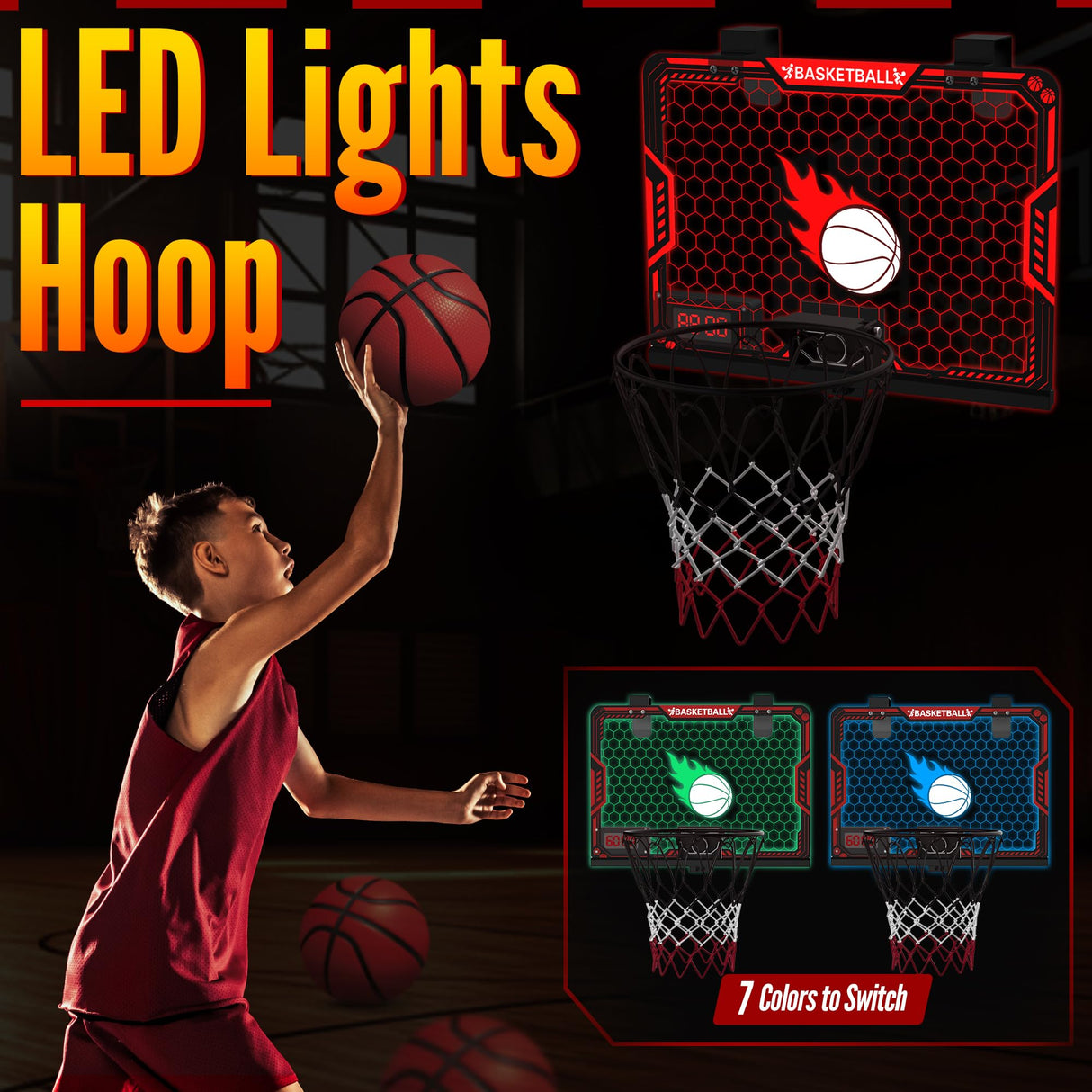 ZIZZ Indoor Basketball Hoop for Kids: Over The Door Basketball Hoop with LED Light & Scoreboard Mini Basketball Hoops with 3 Balls Christmas Birthday Toys Gifts for 5 6 7 8 9 10 11 Year Old Boys Girls