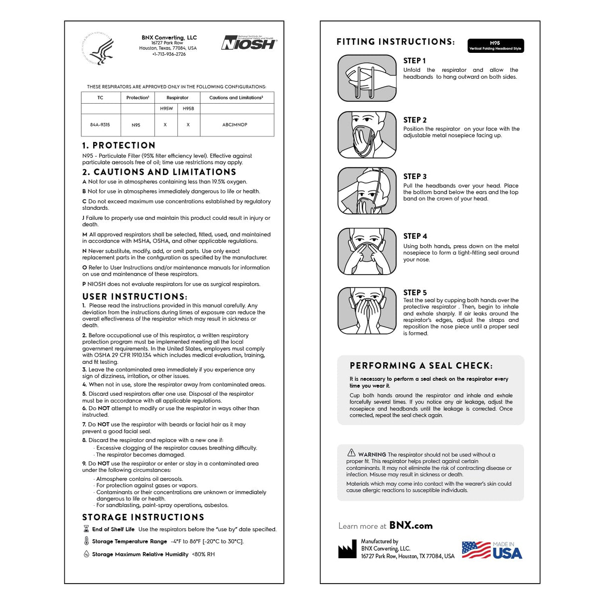 AccuMed BNX N95 Mask Black NIOSH Certified MADE IN USA Particulate Respirator Protective Face Mask (20-Pack, Approval Number TC-84A-9315 / Model H95B) Black