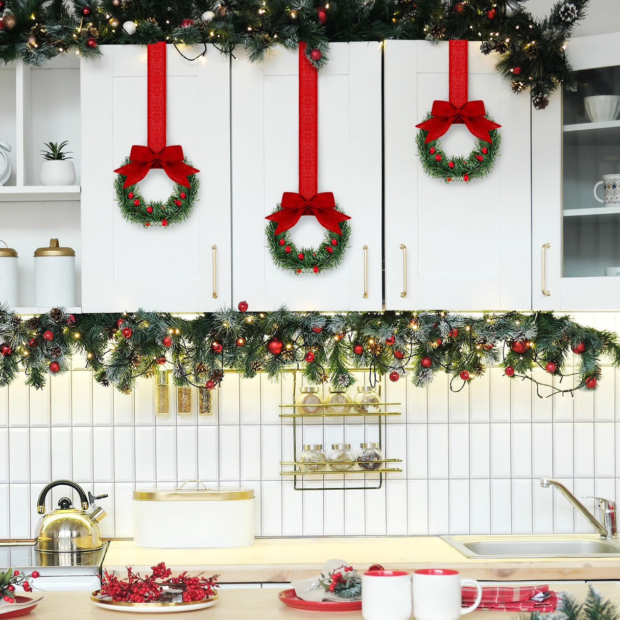 Retrowavy 12 Pcs Christmas Kitchen Cabinet Wreaths with Ribbon 3.94 Inch Mini Christmas Wreath Small Kitchen Xmas Decor for Window Door(Red,Classic Style)