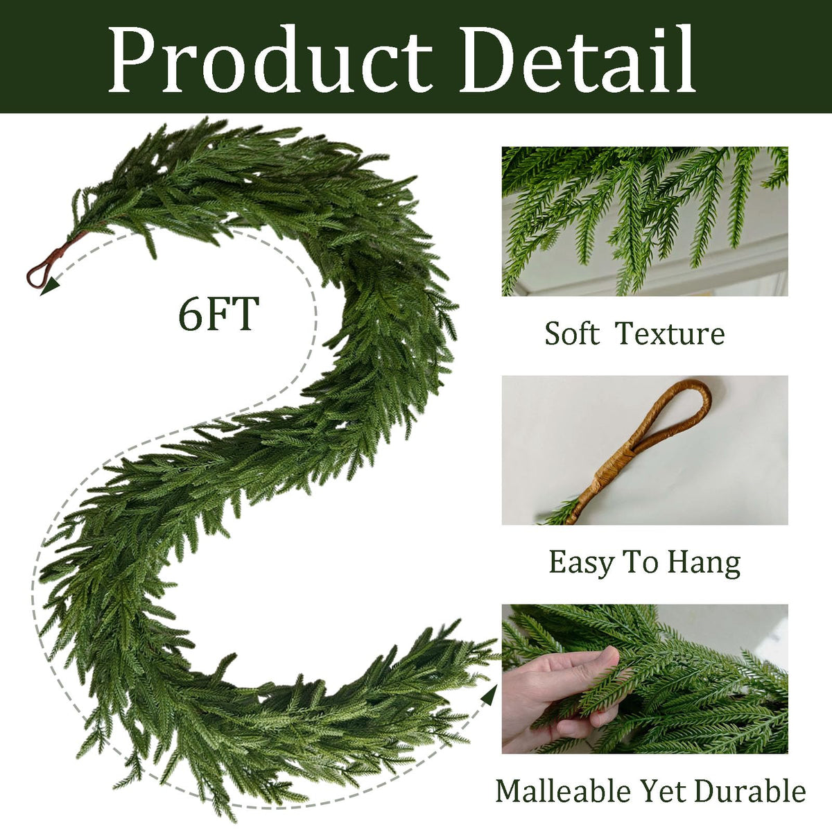 Cherica 2 Pcs 6 Ft Christmas Norfolk Pine Garland with Lights for Mantle