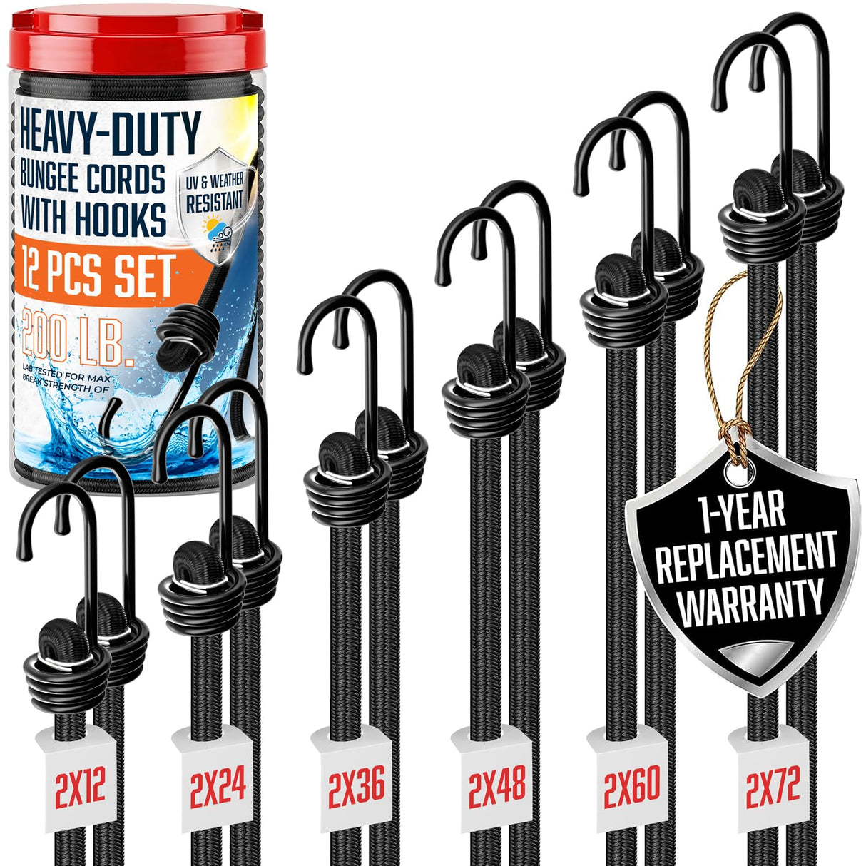 VBEST Strong Bungee Cords Heavy Duty - 12 pcs Bungee Cords with Hooks in A Storage Jar Includes 12", 24", 36", 48", 60", 72" Bungie Cord Bundle UV & Weather Resistant