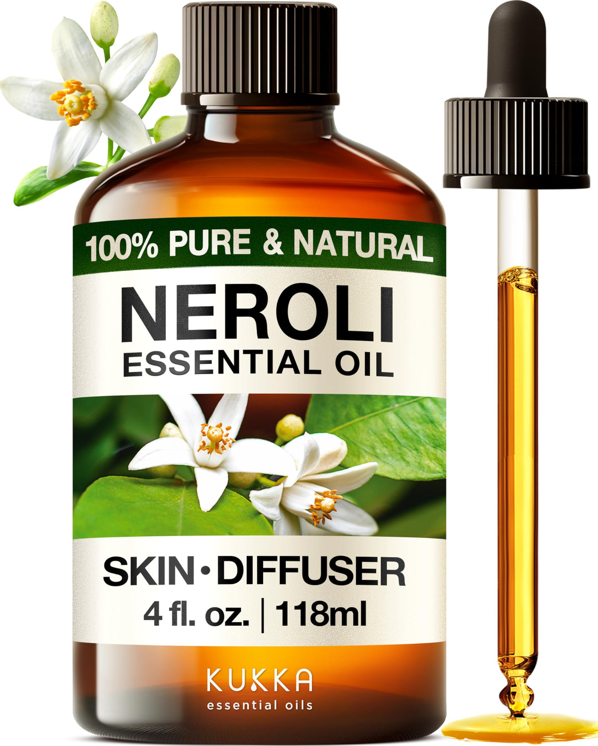 Kukka Neroli Essential Oil for Diffuser Skin - 4 Fl Oz - 100% Pure Natural Neroli Oil, Floral Scent, for Aromatherapy, Candle, Bath Bomb & Soap Making Scent DIY
