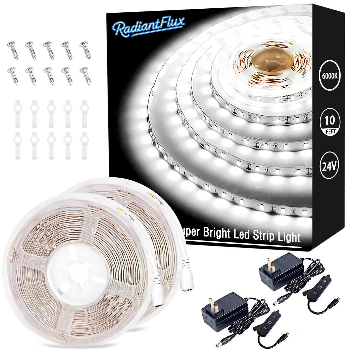 RadiantFlux 2 Sets of 10ft Light Strips,Dimmable 24V LED Strip Lights,White LED Strip Lights,Super Bright LED Light Strip,Flexible LED Lights for Bedroom,Cabinet,Mirror,Christmas Decor
