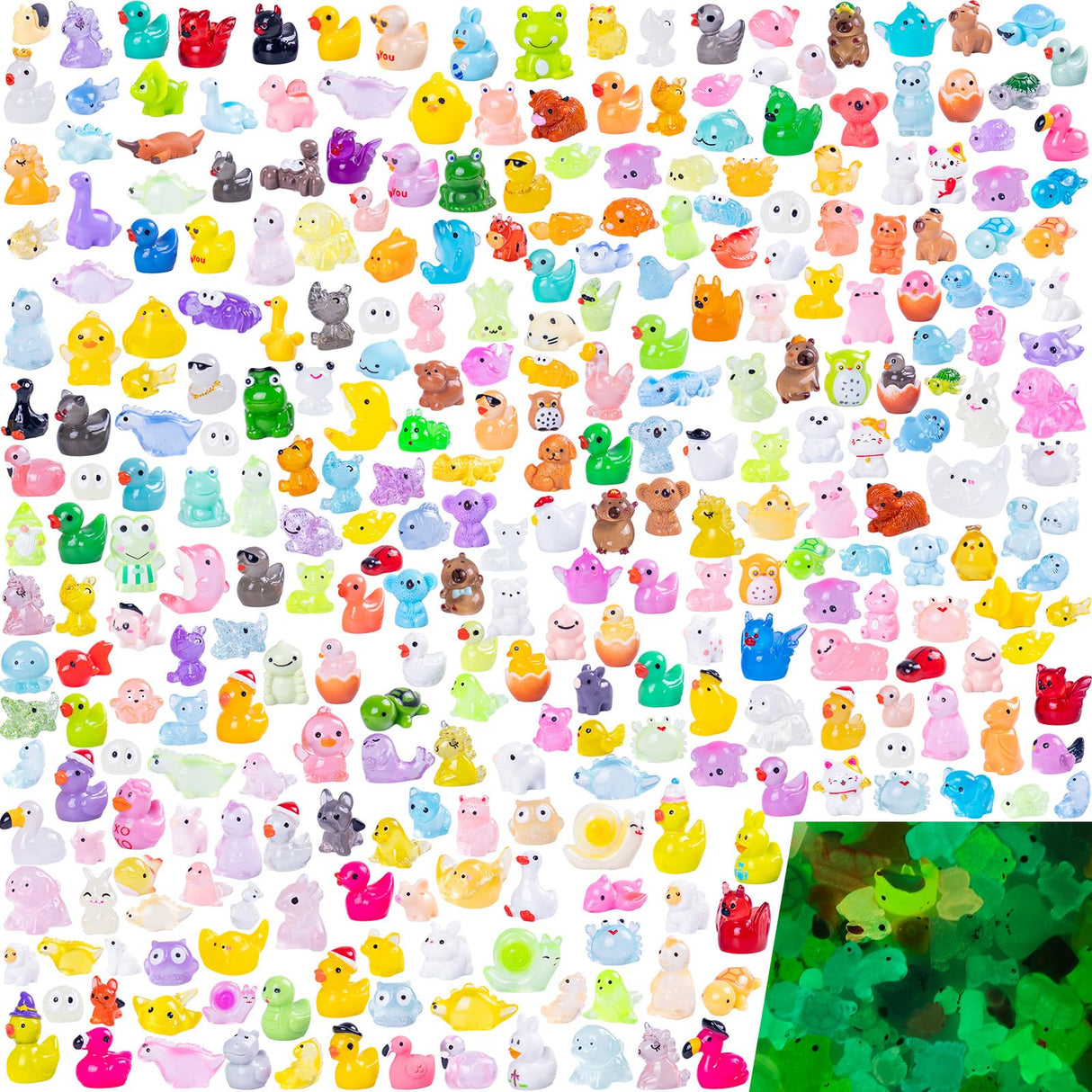 Cuteseven 300Pcs Mini Resin Animals Bulk 300 Styles Variety Tiny Animals Figure to Hide Luminous Glow in The Dark for Miniature Fairy Garden Decoration Hide Crafts Decor