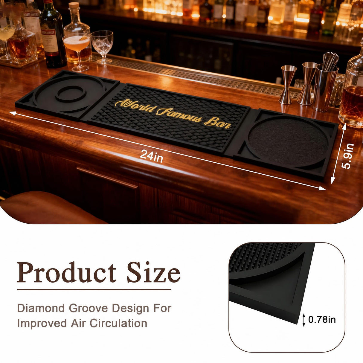 Bar Mat 3-in-1 Non-Slip Bartender Mat, Bar Accessories Countertop Mat 24 x 6 Inch with Spill Catching Surface, Bar Drip Mat for Home, Outdoor & RV Bar Setupļ¼Blackļ¼