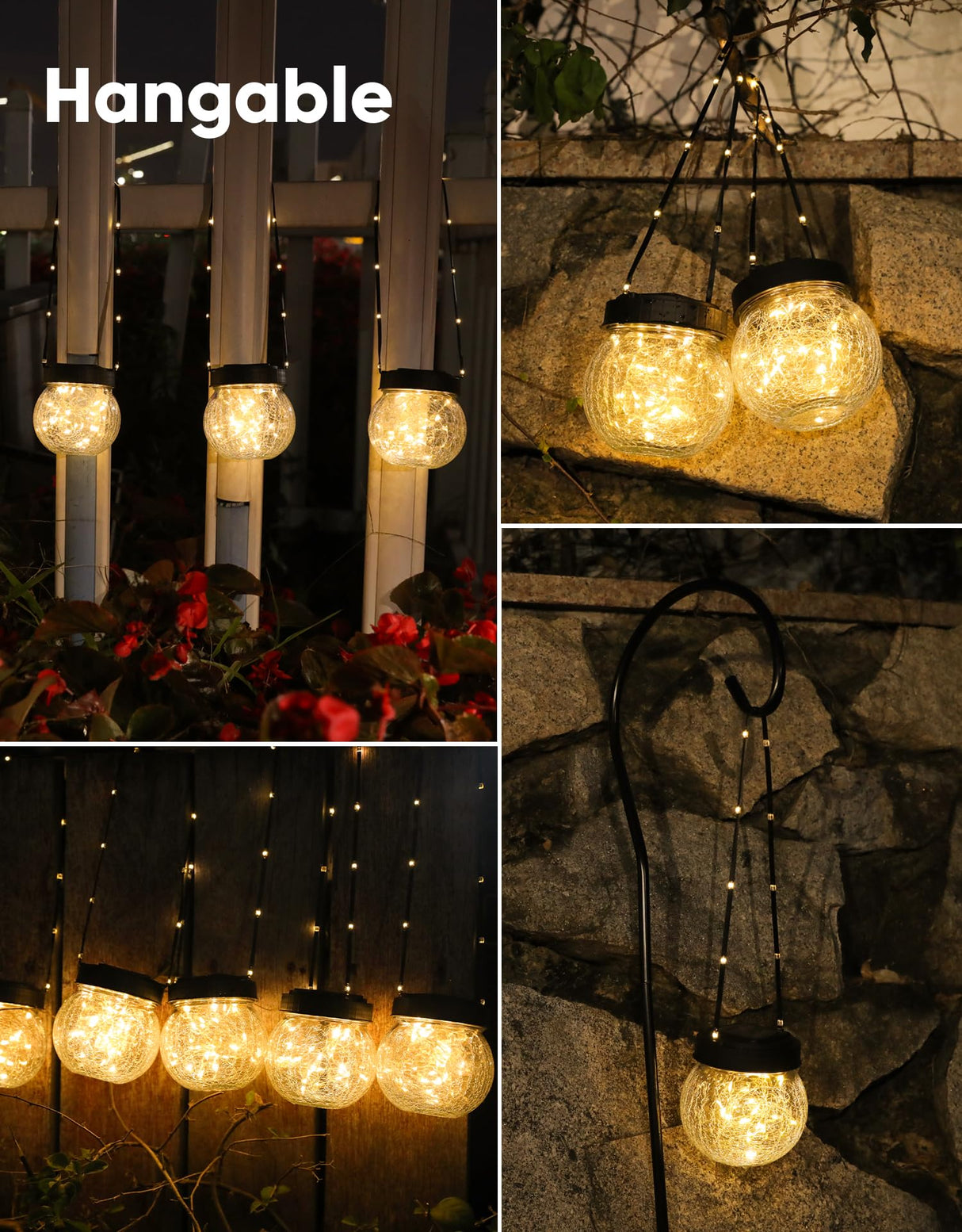 Solar Lanterns Solar Lights Outdoor Waterproof 6-Pack, Solar Powered Hanging Lights Cracked Glass Hanging Globes for Christmas Decoration, Shepherd Hook, Garden Tree Ornaments