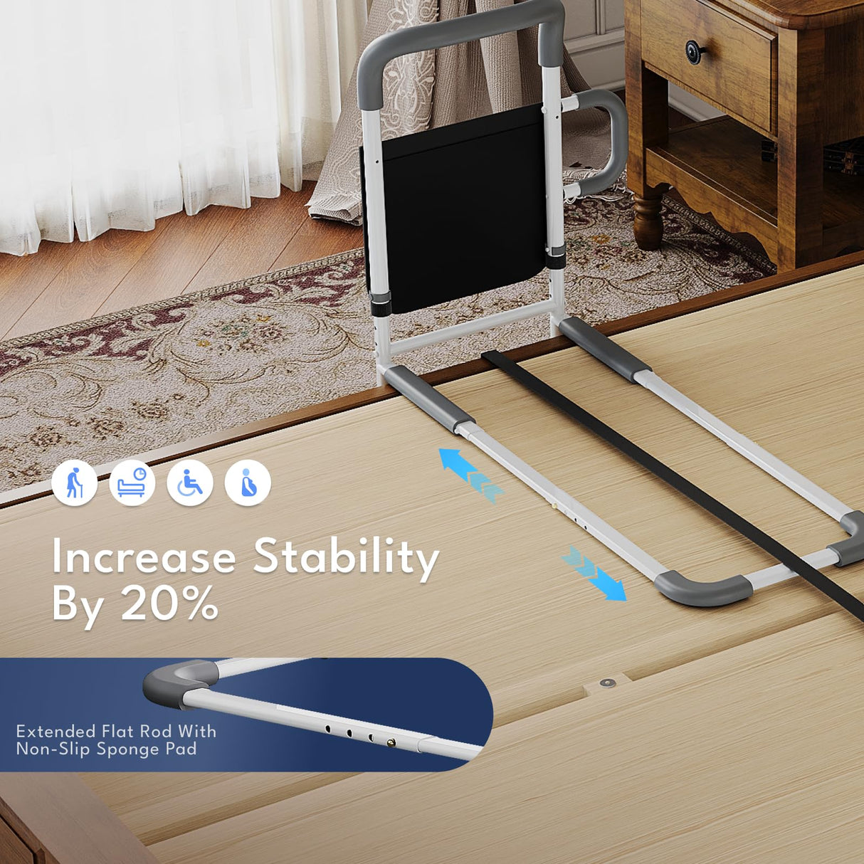 HOMEAL Bed Rails for Elderly Adults Safety - Height Adjustable Bedside Assist Rails for Seniors, Stable Bed Cane Guard Railings with Non-Slip Ergonomic Handle Bar and Storage Pocket (Grey)