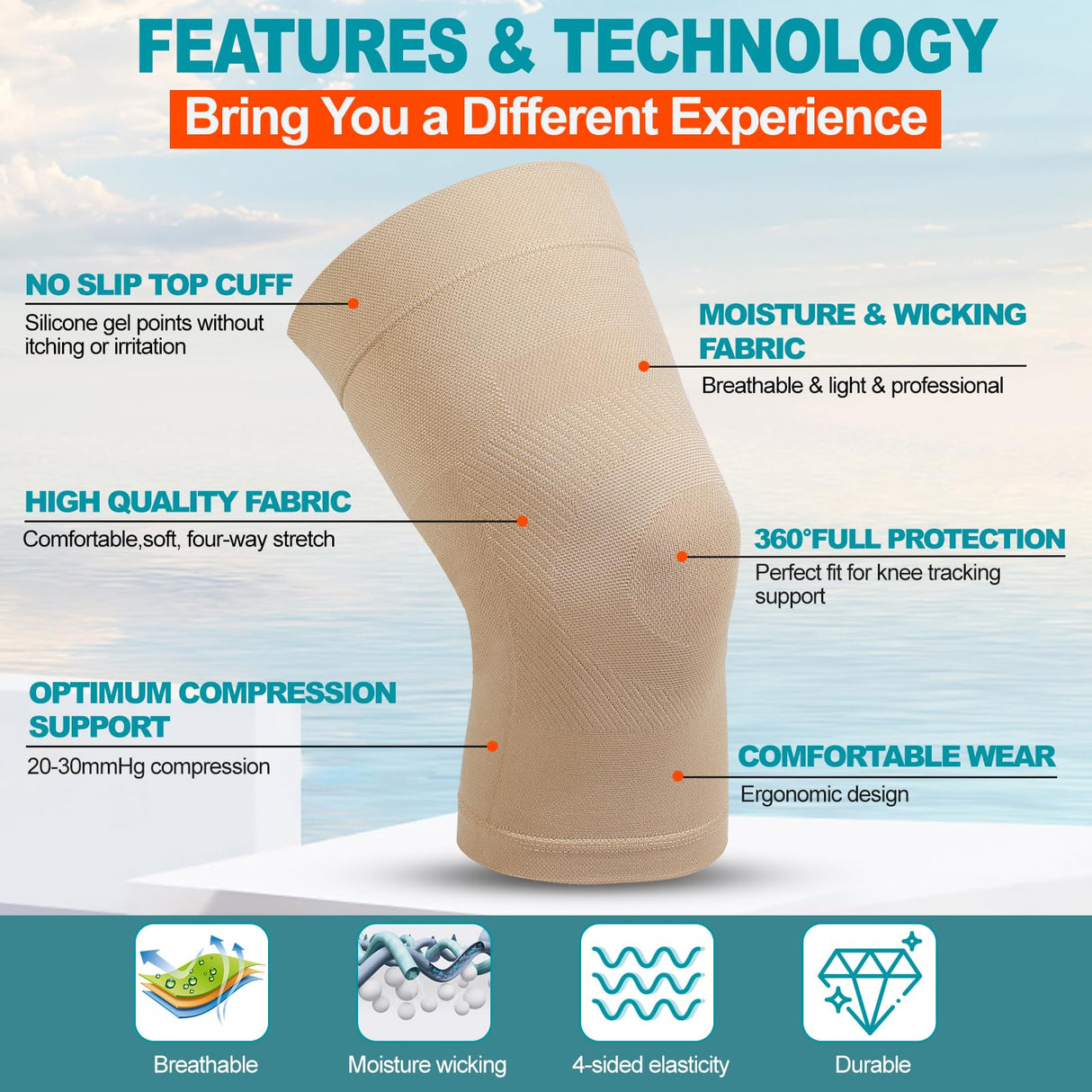 Knee Compression Sleeves, 1 Pair, Can Be Worn Under Pants, 20-30mmHg Strong Support Knee Brace for Unisex, Knee Support for Meniscus Tear, Arthritis, Pain Relief, Injury Recovery, Daily Wear, Beige M