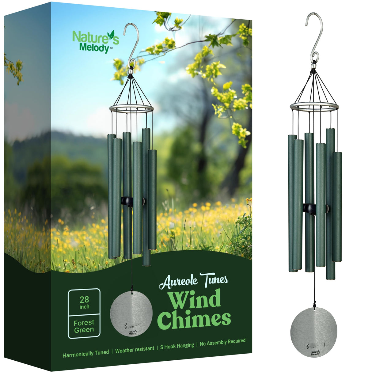 Nature’s Melody Aureole Tunes Wind Chimes – Outdoor Windchime with 6 Tubes Tuned to B Pentatonic Scale, 100% Rustproof Aluminum, Powder Finish & S Hook Hanger for Sympathy, Memorial Gift or Zen Garden