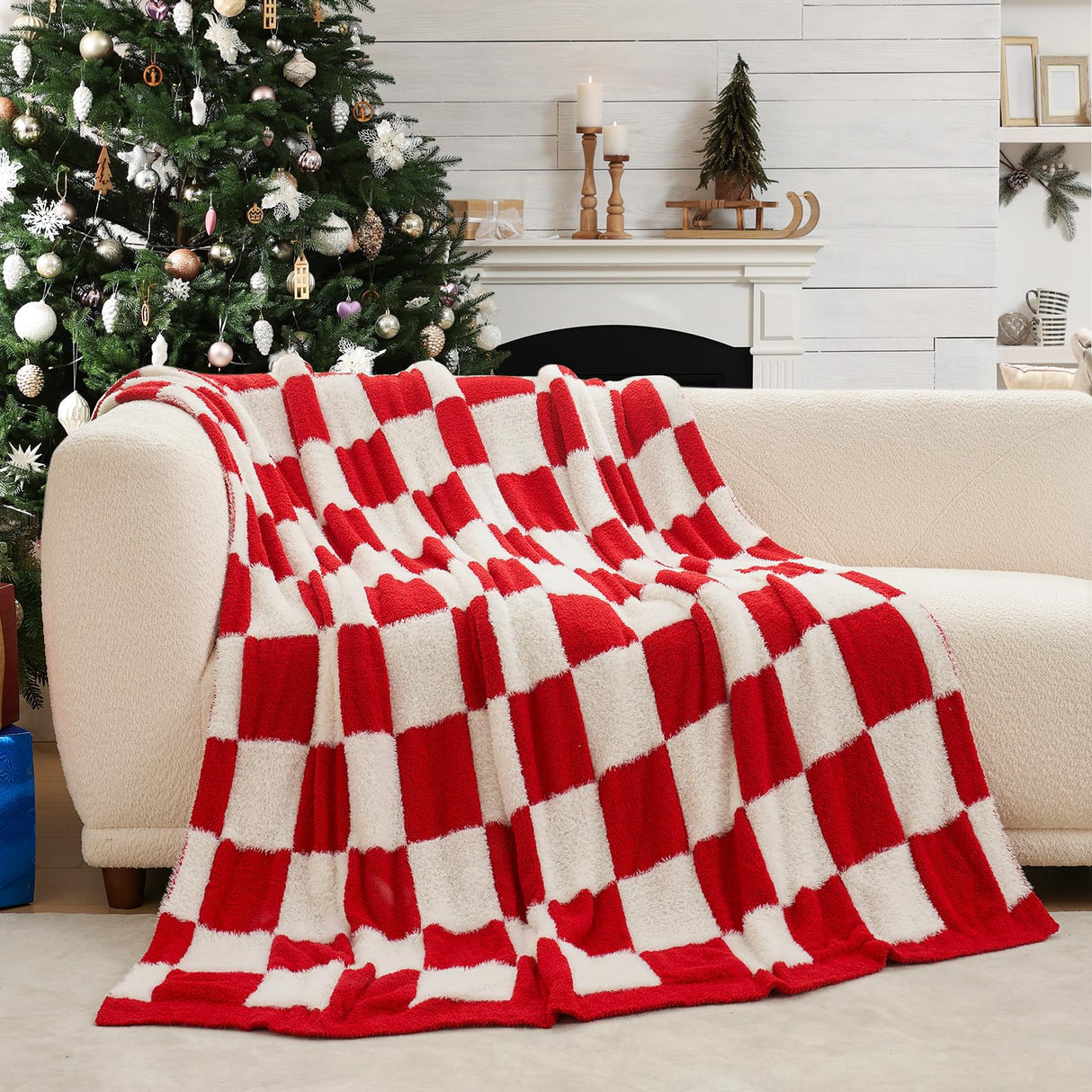 Snuggle Sac Red Checkered Christmas Blanket, Fluffy Faux Fur Ultra Soft Warm Microfiber Throw Blankets for Couch, Sofa, Chair, Bed, Red Checker, 50x60 inches