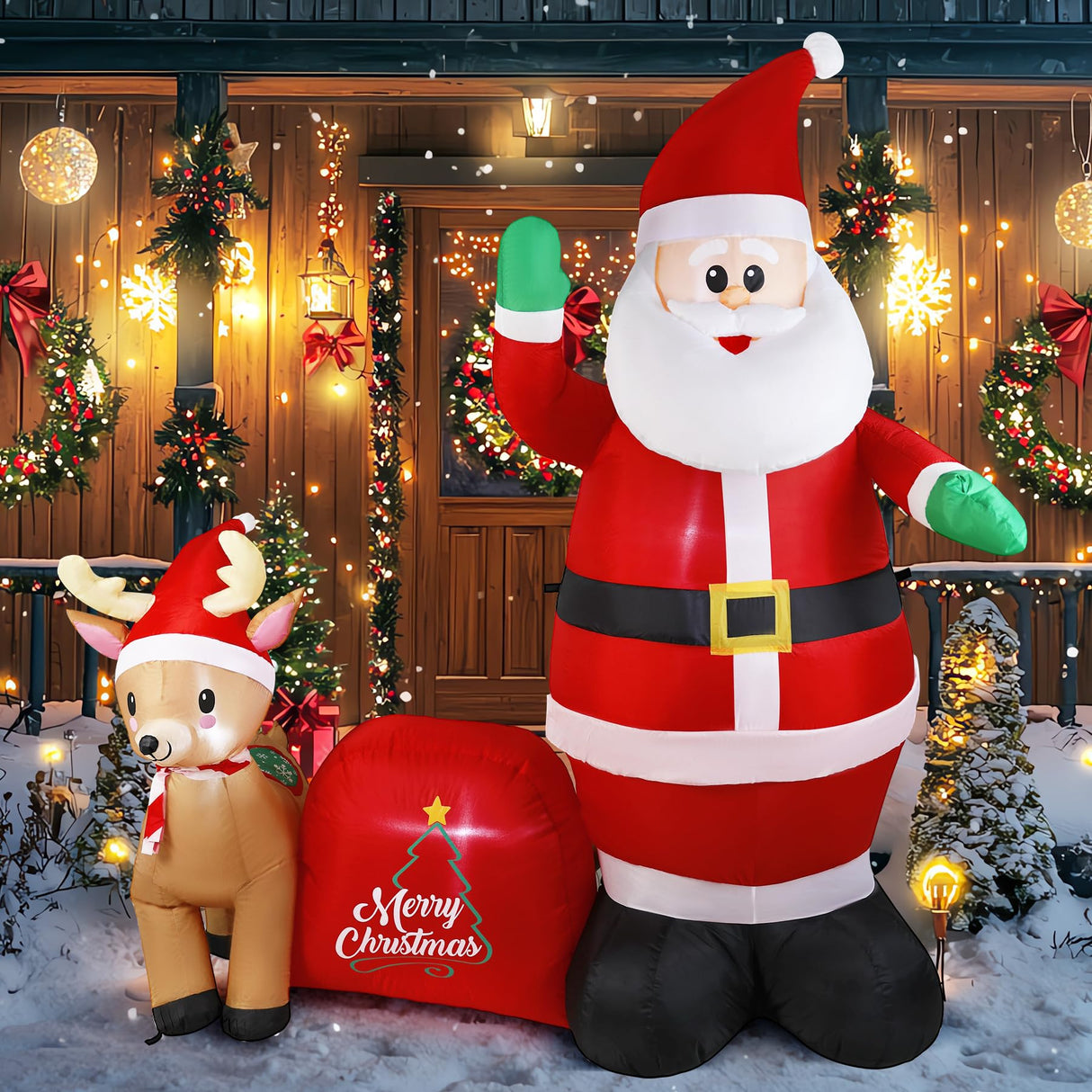 GIFTFIND 7Ft Christmas Inflatable Santa Clau Built-in LED Lights, Outdoor Decoration Santa with Reindeer and Christmas Ball Blow Ups, Holiday Xmas Inflatables Decor for Lawn Yard Garden Outhouse Party