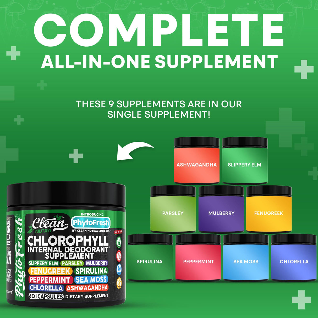 Clean Nutra Chlorophyll Capsules Supplement Internal Deodorant Peppermint, Sea Moss, Parsley, Chlorella, Spirulina, Slippery Elm, Ashwagandha, PhytoFresh Greens Detox Pills