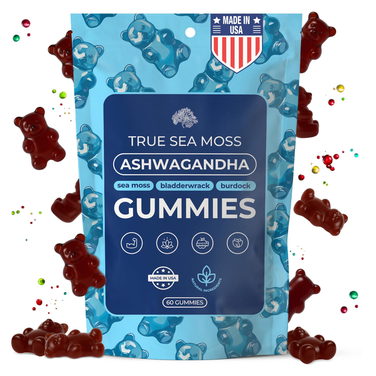 TrueSeaMoss Ashwagandha Gummies for Women & Men – Vegan Herbal Blend with Sea Moss, Bladderwrack & Burdock, 60 Gummies in Pouch (30-Day Supply)