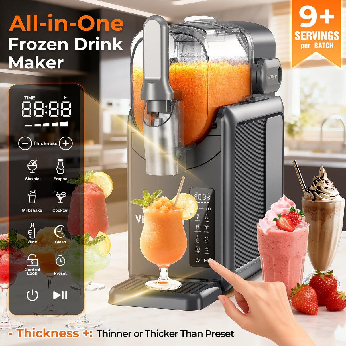 VIBOFROST 9-in-1 Slushie Machine for Home,88oz Frozen Drink Maker with Rapid Cooling&Auto-Clean,Quiet Ice Slush Maker for Margaritas,Milkshakes,Frappés&More, Perfect for Parties
