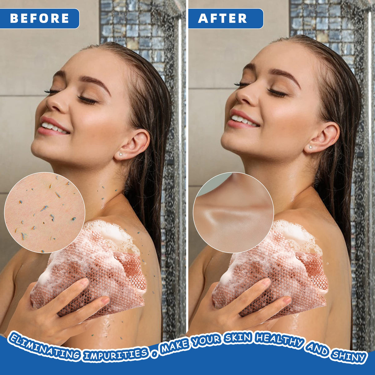 BHYTAKI 6 Pieces African Net Sponge African Exfoliating Net Long African Bath Sponge Washcloth Shower Net African Body Scrubber Net for Skin Smoother Daily Use(Pink,Yellow,Purple,Black,Blue,Brown)