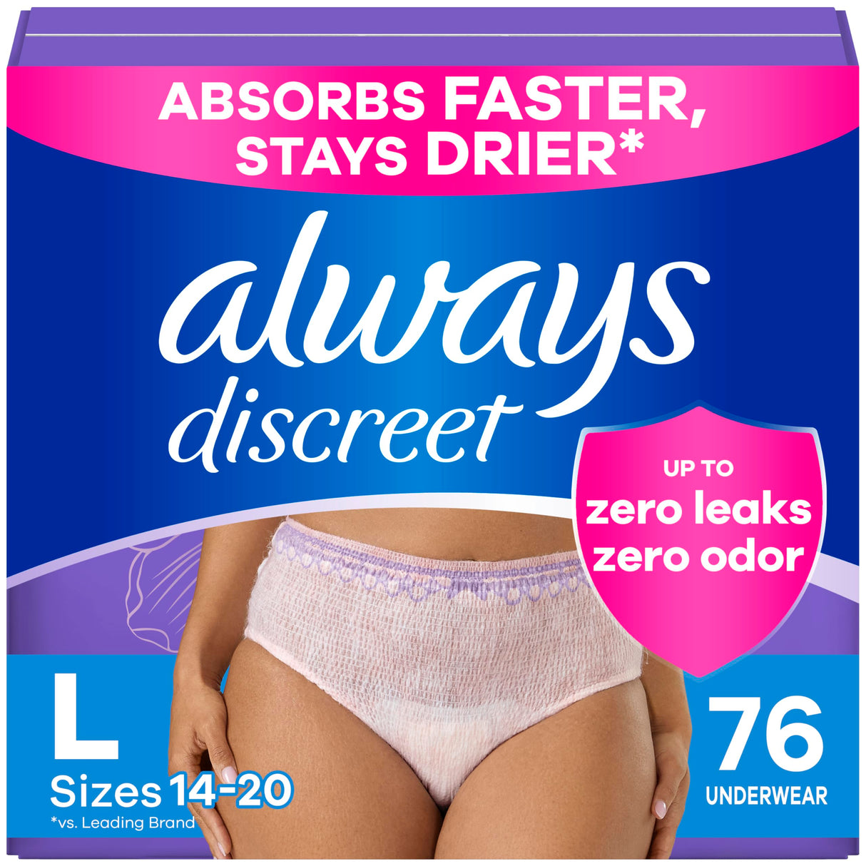 Always Discreet Adult Incontinence Underwear for Women and Postpartum Underwear, L, Up to 100% Bladder Leak Protection, 76 Count (Packaging May Vary)
