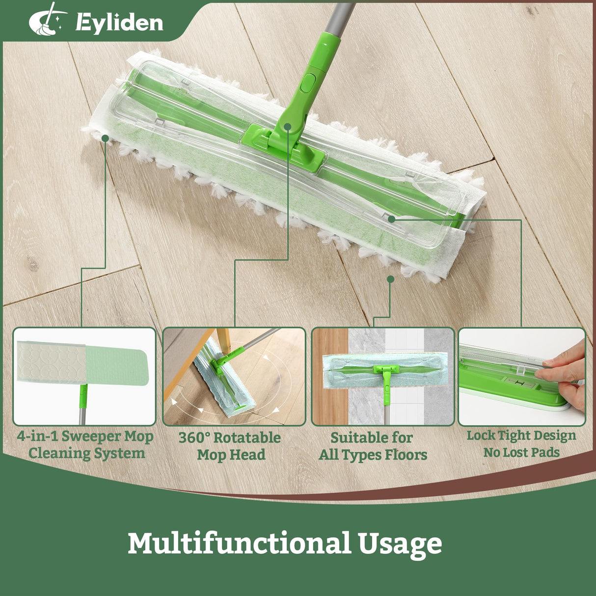 Eyliden 16.5" Large Sweeper Mop, 3 Types of 22 Disposable Dry & Wet Cloths