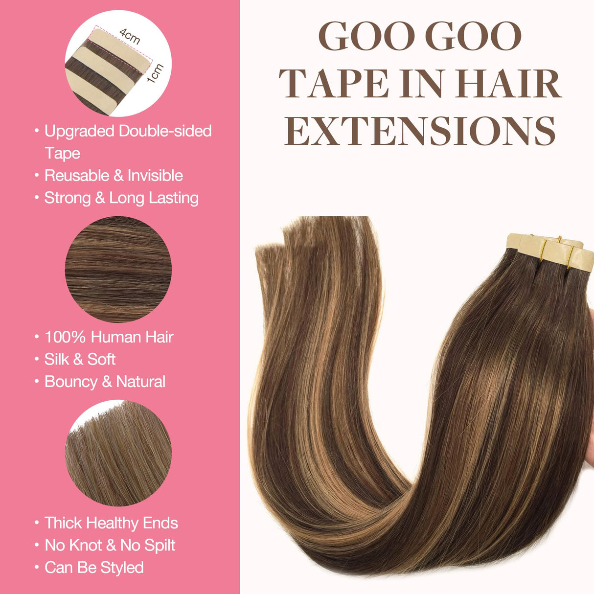GOO GOO Tape in Hair Extensions Human Hair, 4/27/4 Balayage Chocolate Brown to Caramel Blonde, 20inch 50g 20pcs, Thick Ends Straight Seamless, Invisible