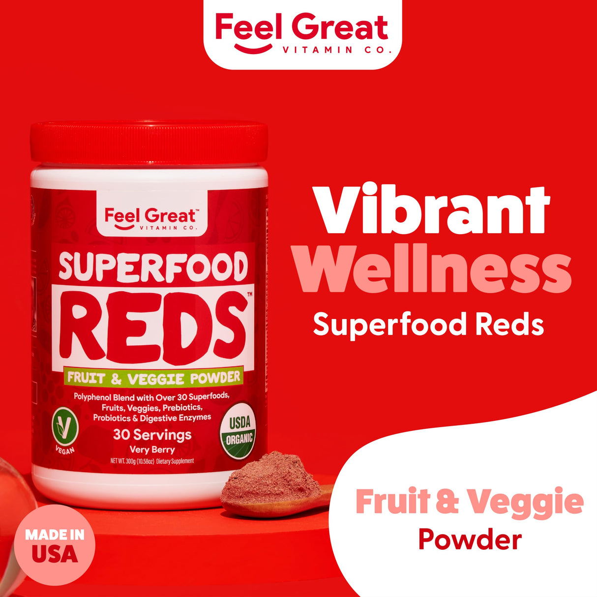 Feel Great Organic Superfood Reds Powder Packed with Beet Root Powder | Digestive Support Including Bloating Relief | Fruit and Veggie Polyphenols Supplement.